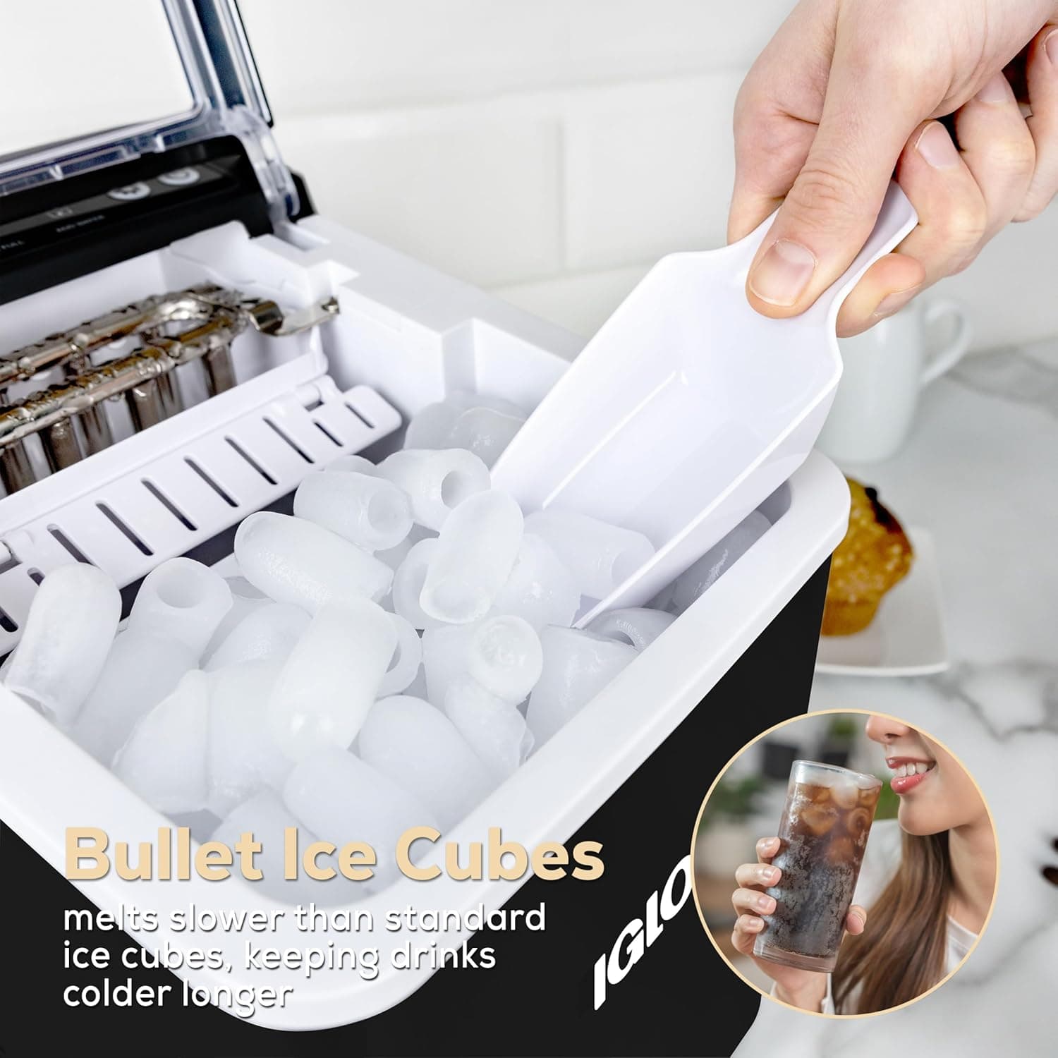 Igloo Premium Self-Cleaning Countertop Ice Maker Machine, Handled Portable Ice Maker, Produces 26 lbs. in 24 hrs. with Ice Cubes Ready in 6-8 Minutes, Comes with Ice Scoop and Basket Black 26 Lb Handle - Image 5