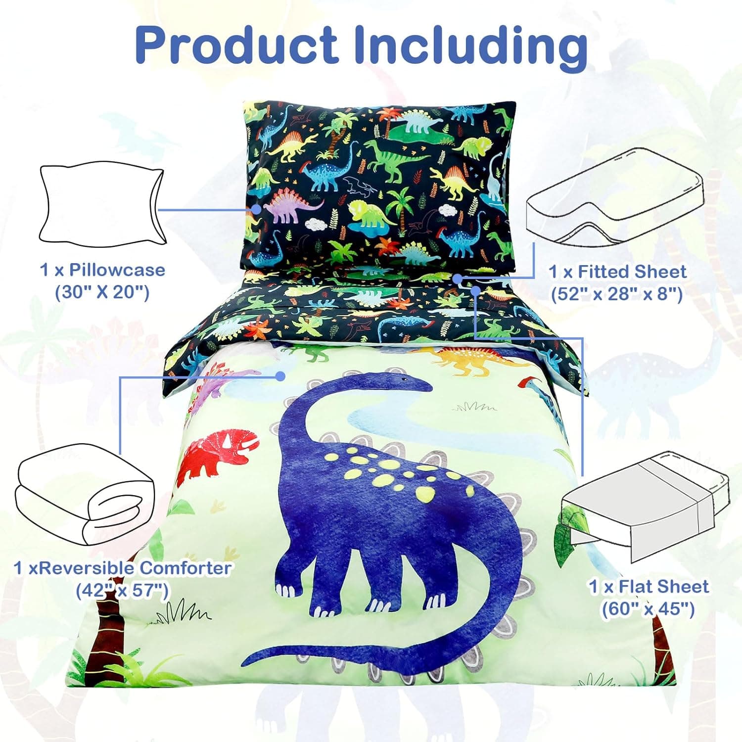 4 Piece Toddler Bedding Set, Ultra Soft and Breathable Cartoon Dinosaur Toddler Comforter Sets for Boys Includes Quilted Comforter, Fitted Sheet, Flat Sheet and Pillowcase - Image 5