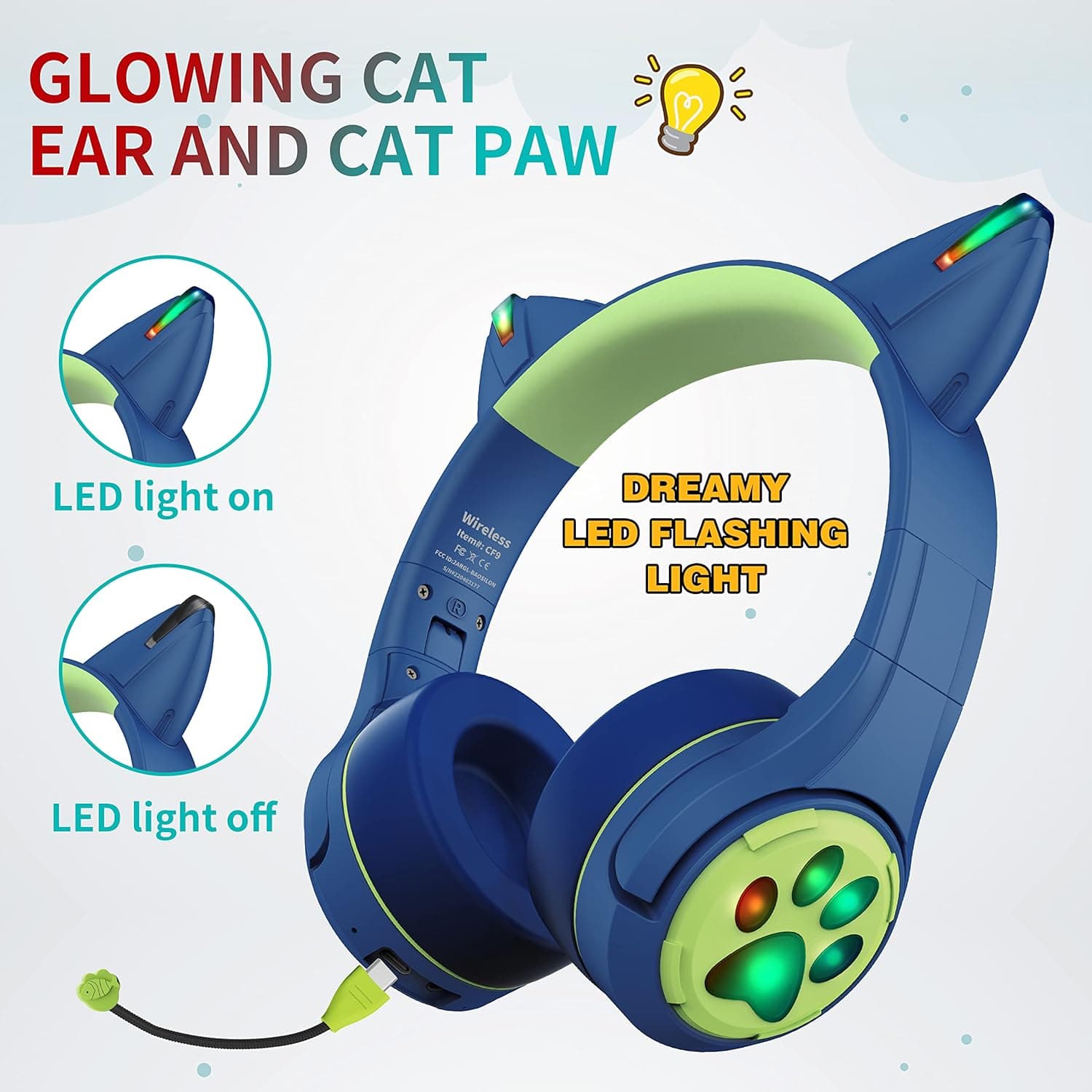 Riwbox CF9 Cat Ear Kids Bluetooth Headphones with LED Light Up,Safe 85dB Volume Limit,Built-in Mic&Boom Mic for Calls,Kids Wireless&Wired Headphones for Tablet/Airplane/School/Online Learning(Blue) - Image 4
