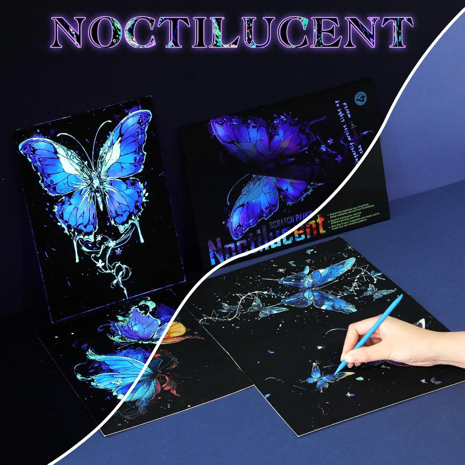 8 Pack Glow in The Dark Scratch Art for Adult Rainbow Painting Paper Sheet with Pen/Cleaning Brush Noctilucent Engraving Scratchboard for Adults Gift Craft for Gift, Stress Relief Animal - Image 6