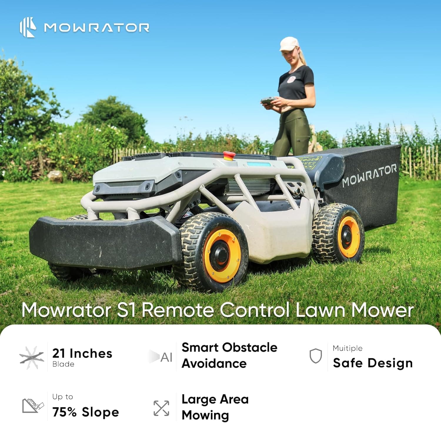Remote Control Lawn Mower S1 4WD 56V18Ah, Multi-Functions RC Lawn Mower with 1.5-4.3 Inch Cutting Height 21 Inch Real Blade for 75% Slope(37°) with Mowing 1.12 Acres - Image 3