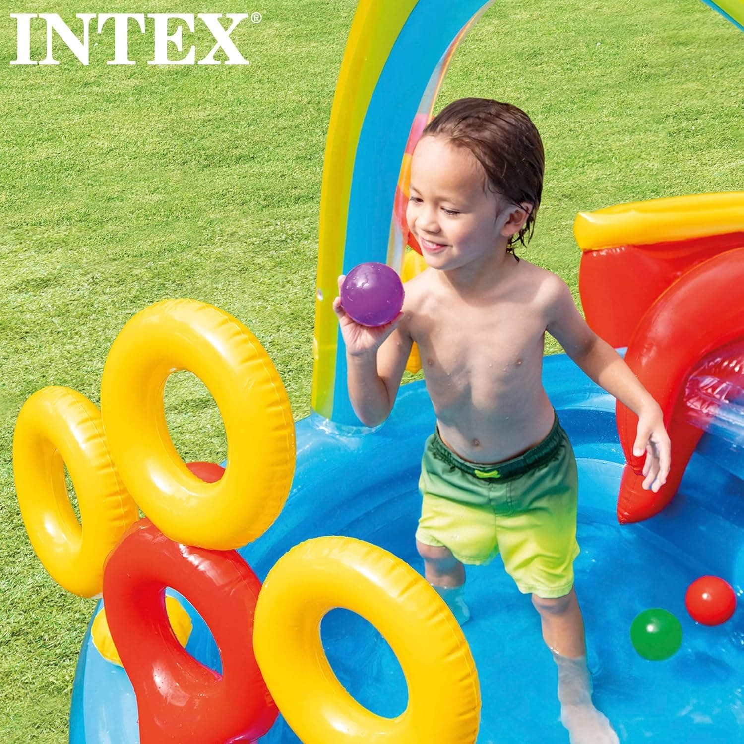 Intex 57453EP 9.75 Foot x 6.3 Foot x 53 Inch Multicolor Rainbow Slide Kids Inflatable Pool with Water Slide and Ring Toss for Children Ages 2 and Up - Image 5