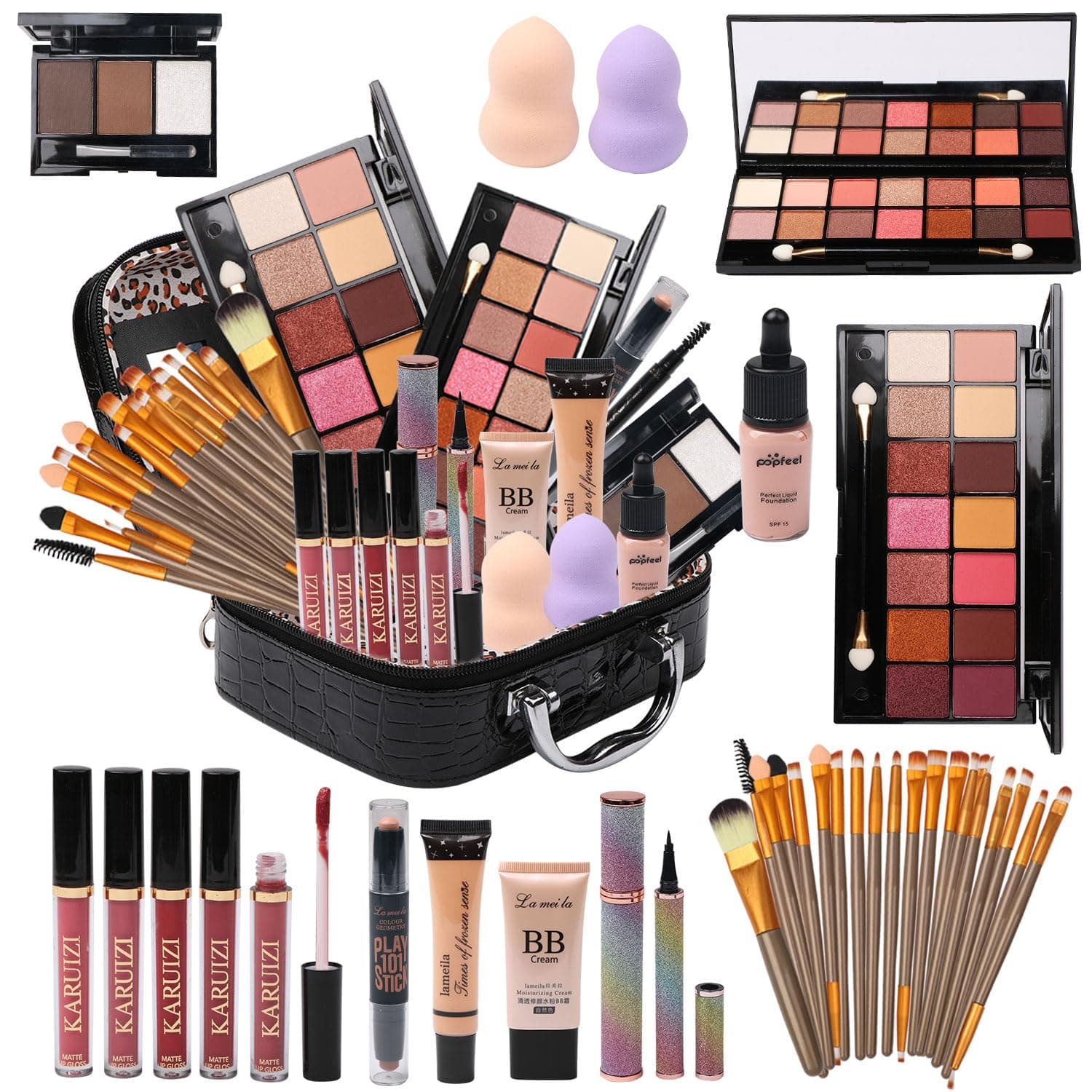 All in One Makeup Kit - 2X14 Eyeshadow Palette, Liquid Foundation, Eyeliner Pencils, Contouring Stick, Lip Gloss, 20Pcs Makeup Brushes (Black) - Image 2