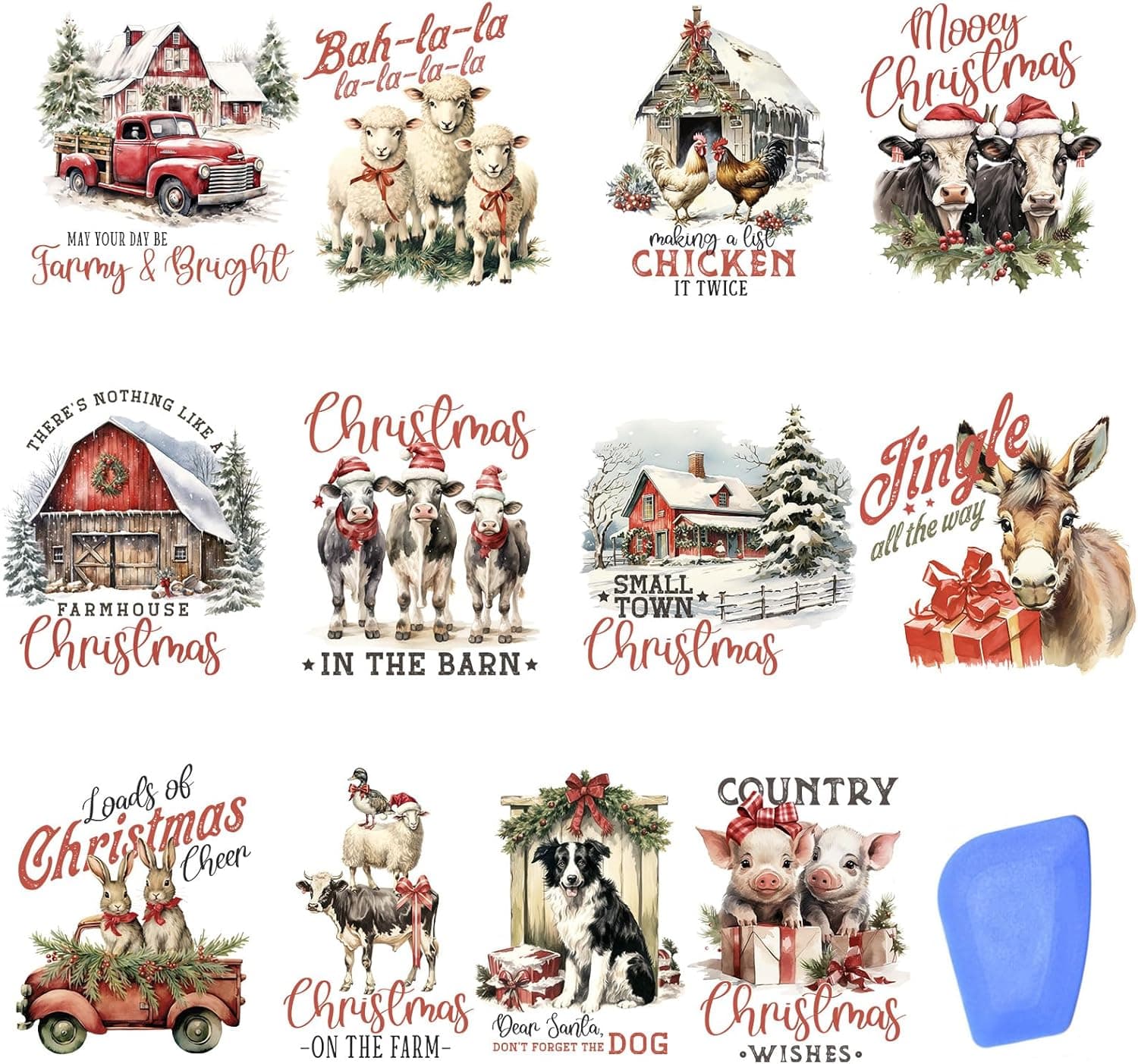 24 Sheets Vintage Christmas Rub On Transfers for Crafts, Rub On Transfers Christmas for Wood，Furniture Decals, Glass, Porcelain, Leather, Canvas, Fabric Projects,3 * 3inch(Farm Christmas) Cottage farm Christmas - Image 2