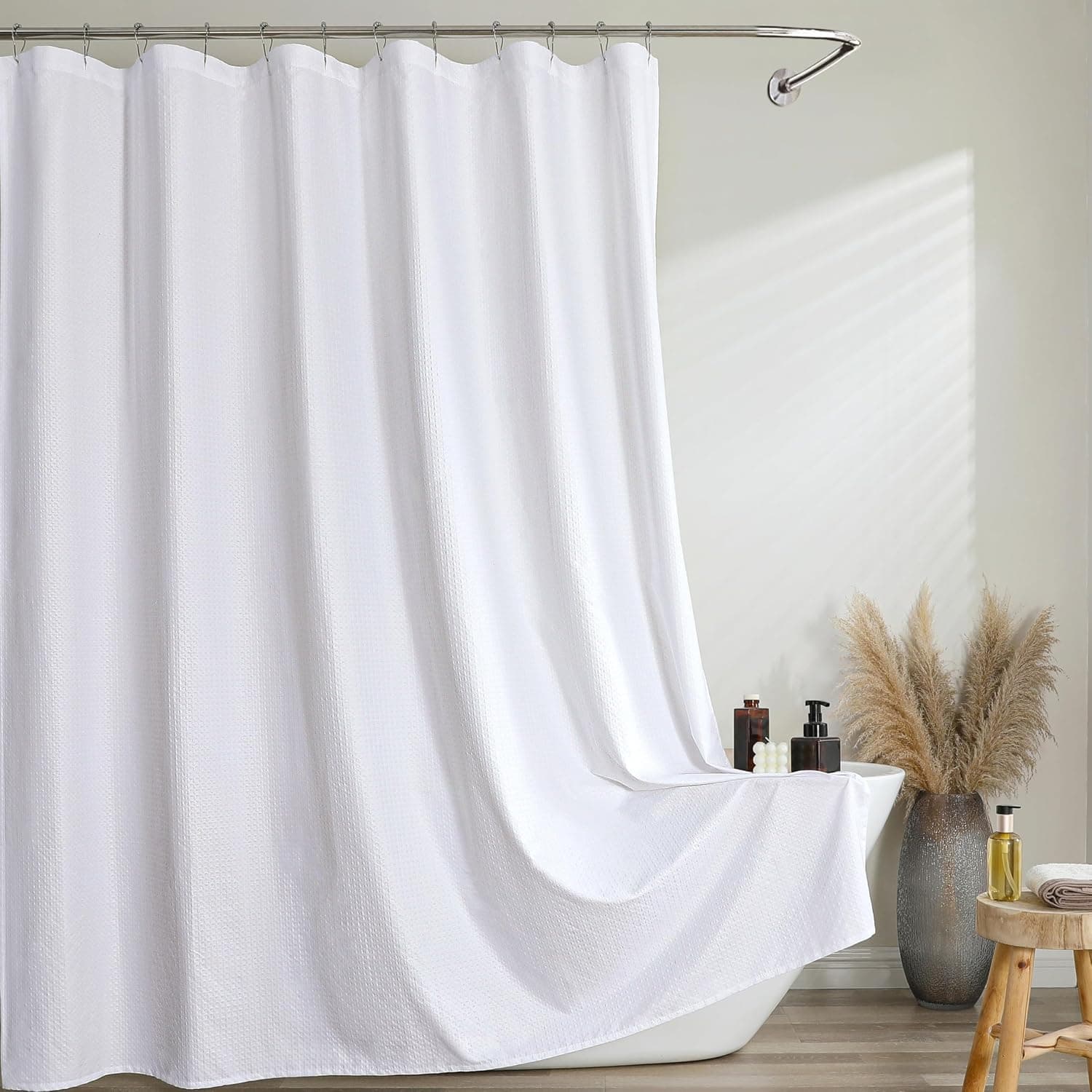 White Shower Curtain 72 Inch Length 1 Piece, Waffle Embossed Textured Soft Fabric Hotel Shower Curtain for Bathroom, Modern Polyester Water Repellent Machine Washable Bath Decor, 72Wx72L Inches
