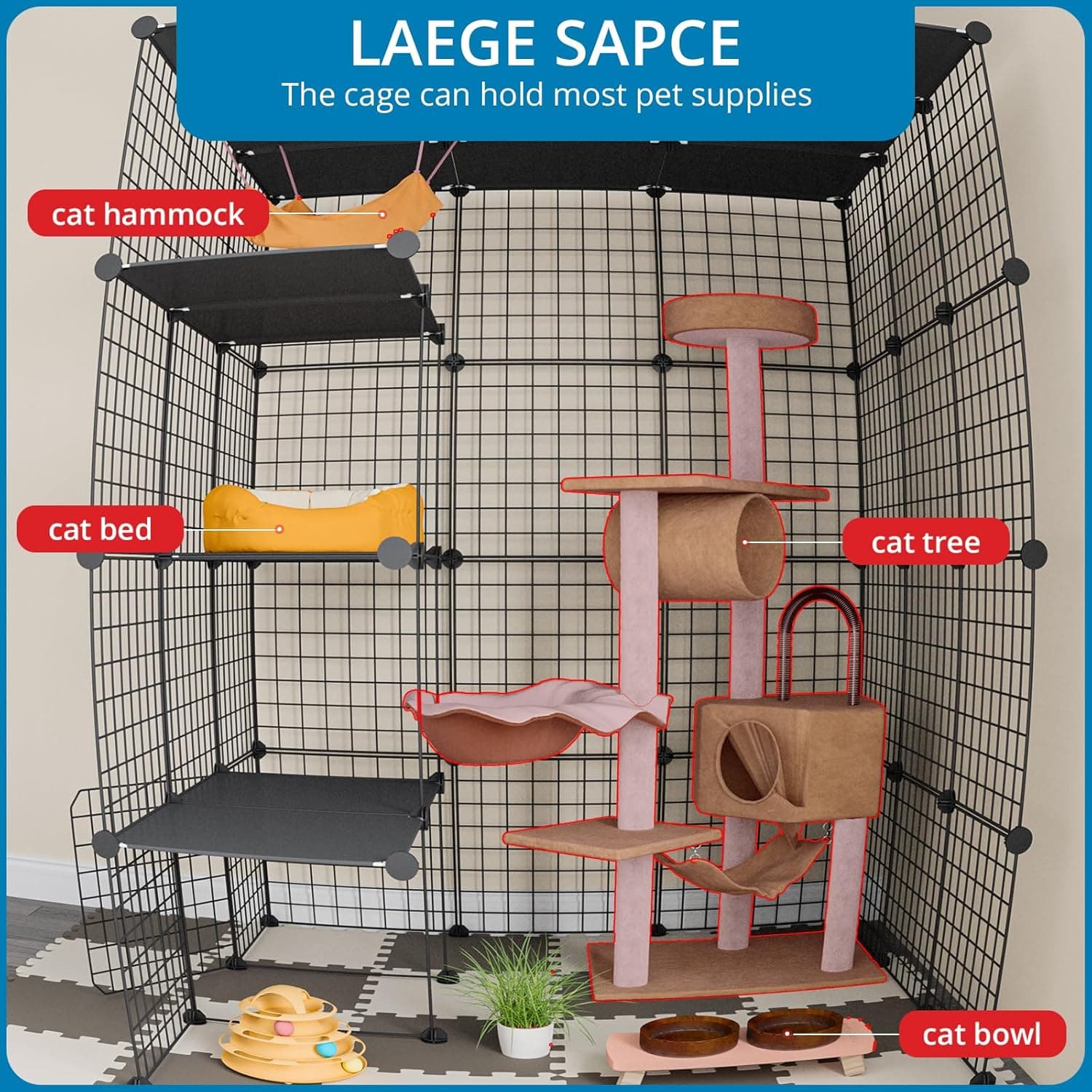 Large Cat Cage, Enclosures Indoor with Balcony, DIY Playpen Detachable Metal Wire Kennels Crate 3x3x4 Large Exercise Place Ideal for 1-3 Cats Black 41.0"L x 41.0"W x 55.0"H - Image 6