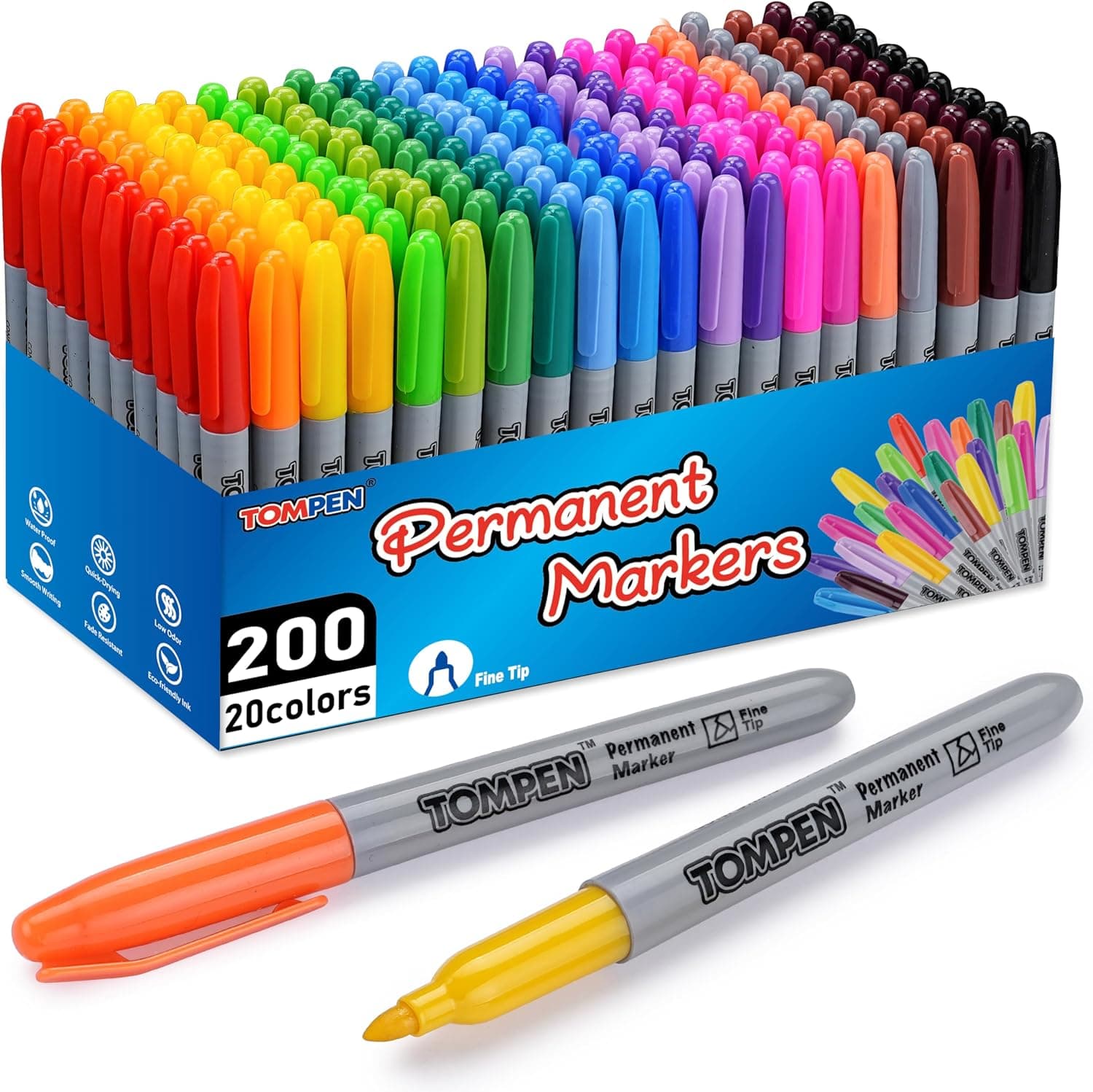 Permanent Markers Fine Tip 200 Pack Bulk,20 Assorted Colors,Waterproof Permanent Marker with Quick Drying on Wood,Plastic,Paper,Metal,Mirror for Gifts Office School Classroom