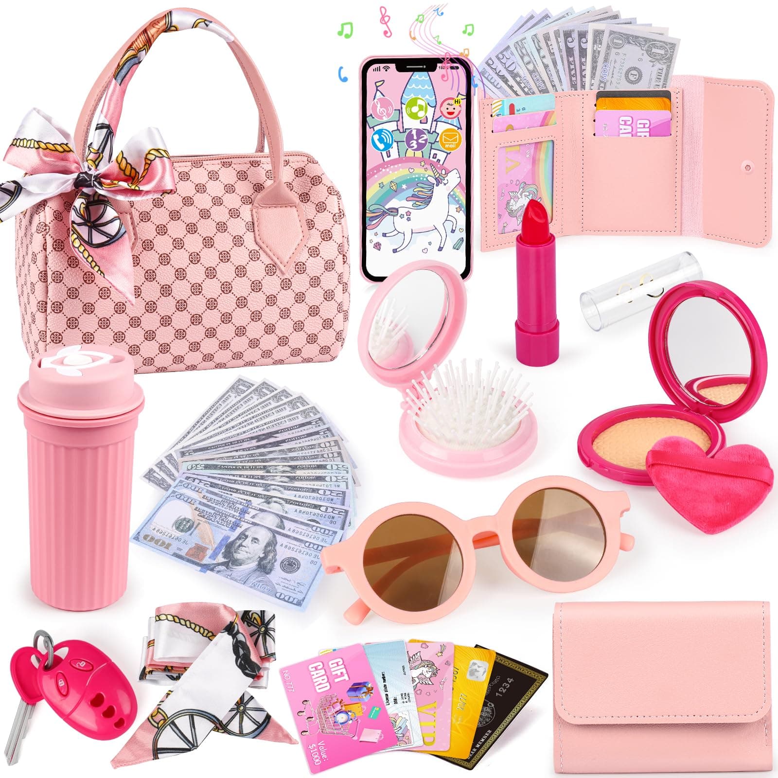 Bolsa de Juego para Niñas Pequeñas, Set de 32PCS de Bolsa para Niños con Maquillaje de Juguete, Juguetes de Princesa Incluye Bolso, Teléfono, Reloj de Pulsera, Bufanda de Seda, Regalo de Cumpleaños para Niñas de 3 a 6 Años