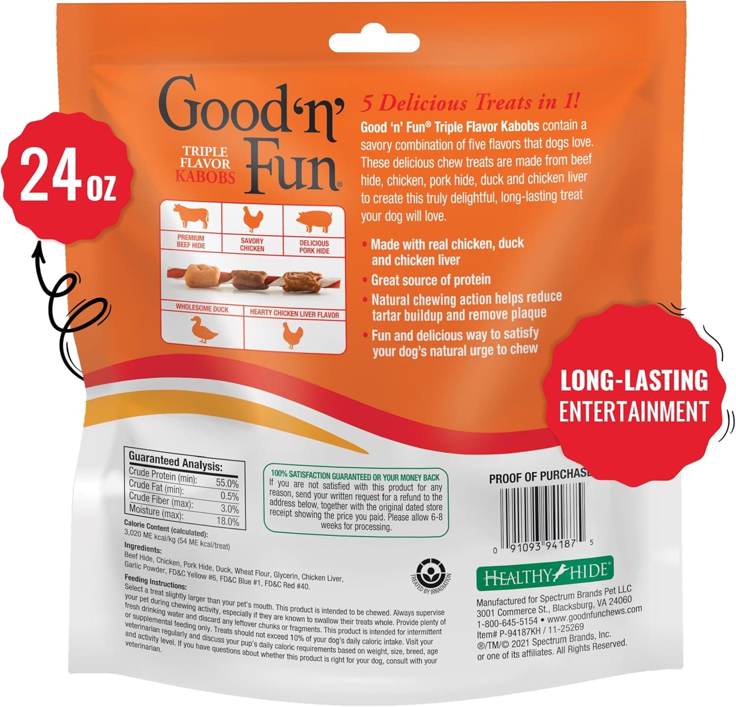 Good ‘n’ Fun Triple Flavor Kabobs Chews for All Dogs, 24 Ounces, Treat Your Dog to Chews Made from Beef Hide, Real Chicken, Pork Hide, Duck and Chicken Liver 24 Fl Oz (Pack of 1) - Image 3