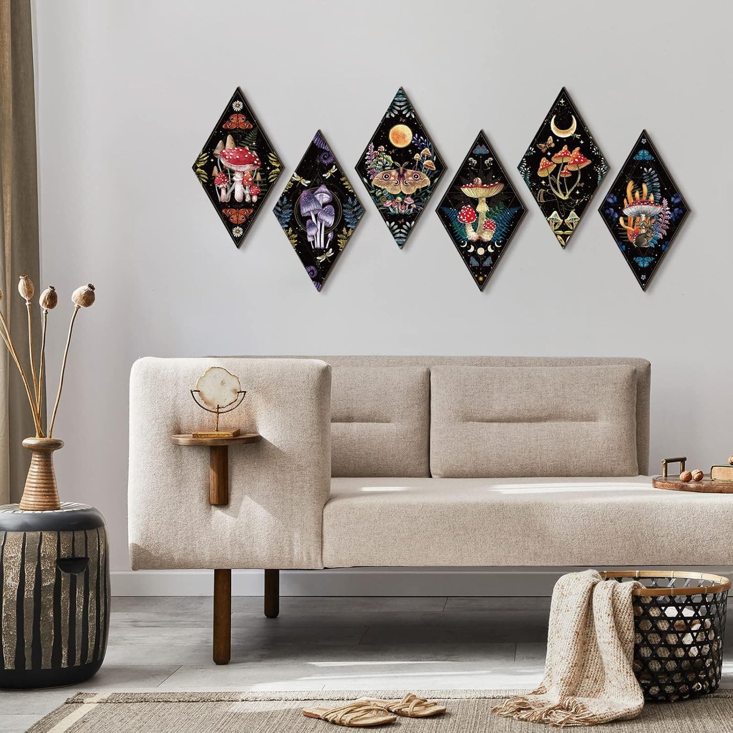 Sintuff 6 Pieces Christmas Gothic Wall Decor Boho Sun Moon Phases Wall Art Gothic Minimalist Stars Sun Hanging Wooden Home Decor Farmhouse Pediments for Gallery Living Bedroom Room(Mushroom) - Image 6