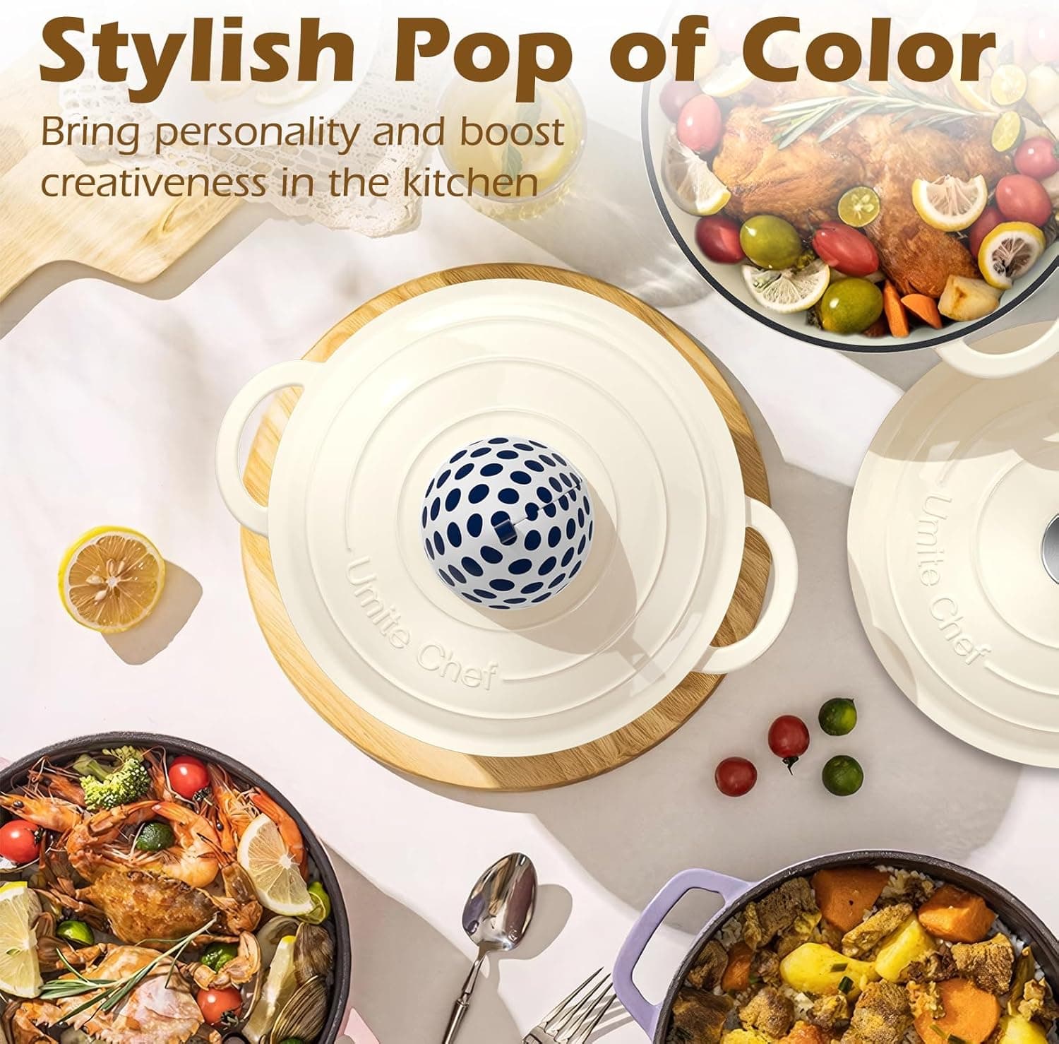 Enameled Cast Iron Dutch Oven - Umite Chef 5QT Pot with Lid & Cotton Potholders - Heavy-Duty Cookware for Bread Baking, Braising, Stews, Roasting(Cream White) - Image 9