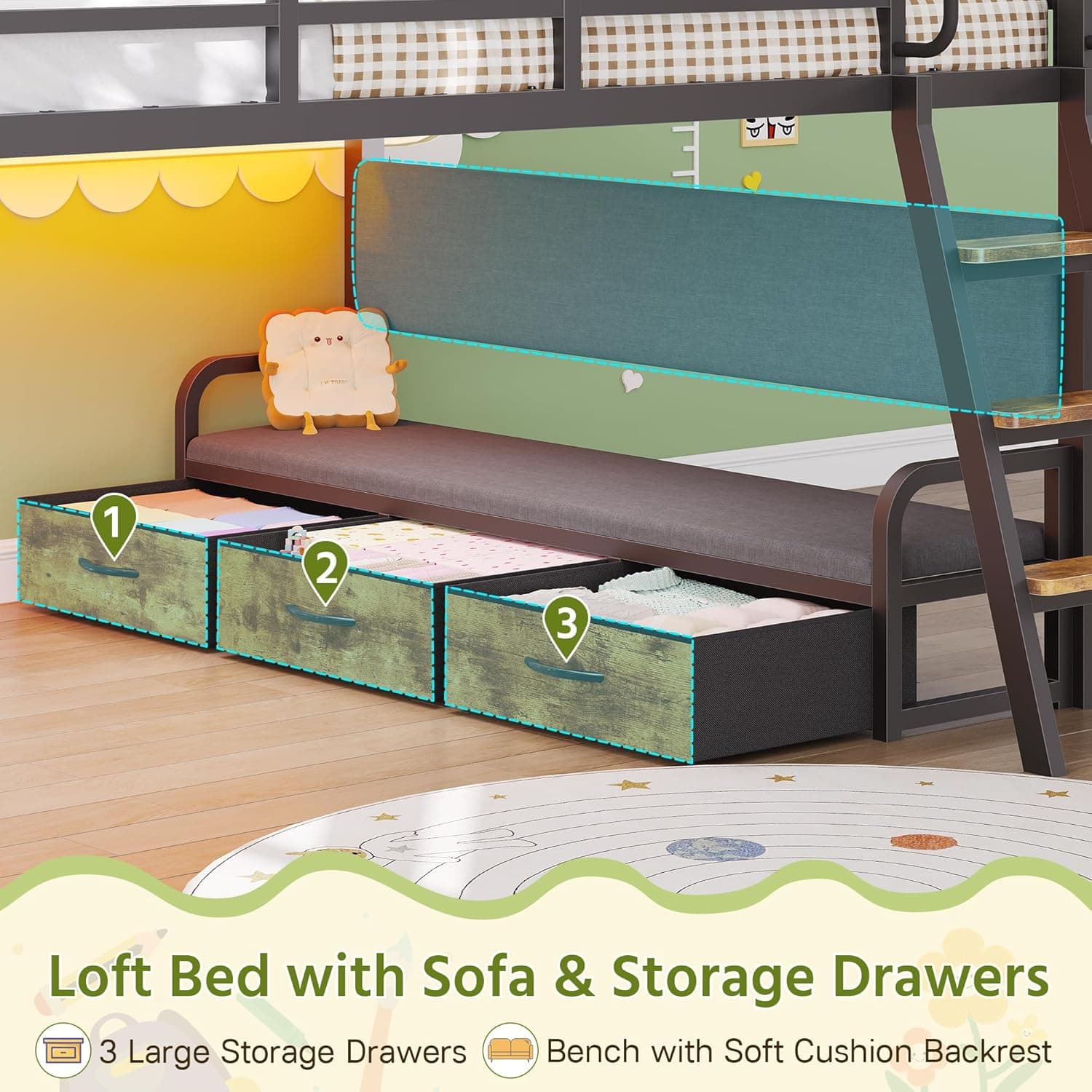 Cama de tamaño completo con escritorio, marco de cama de tamaño completo con 9 cajones de almacenamiento, cama loft para niños con barandilla de seguridad de 15.8" H, sofá, luces LED y estación de carga, sin necesidad de somier, marrón rústico - Image 4