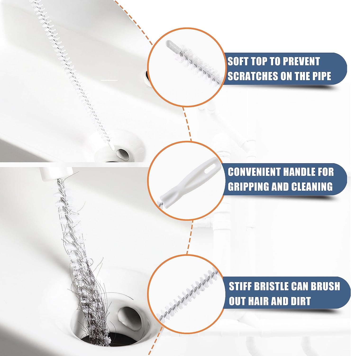 Removedor de obstrucciones de desagüe de 35.5 pulgadas (1 pieza), serpiente de desagüe de 25 pulgadas para eliminar cabello (6 piezas) y cepillo de limpieza (2 piezas), juego de herramientas limpiadoras de desagüe para inodoro, fregadero de cocina, bañera de baño, alcantarilla, 9 piezas - Image 7