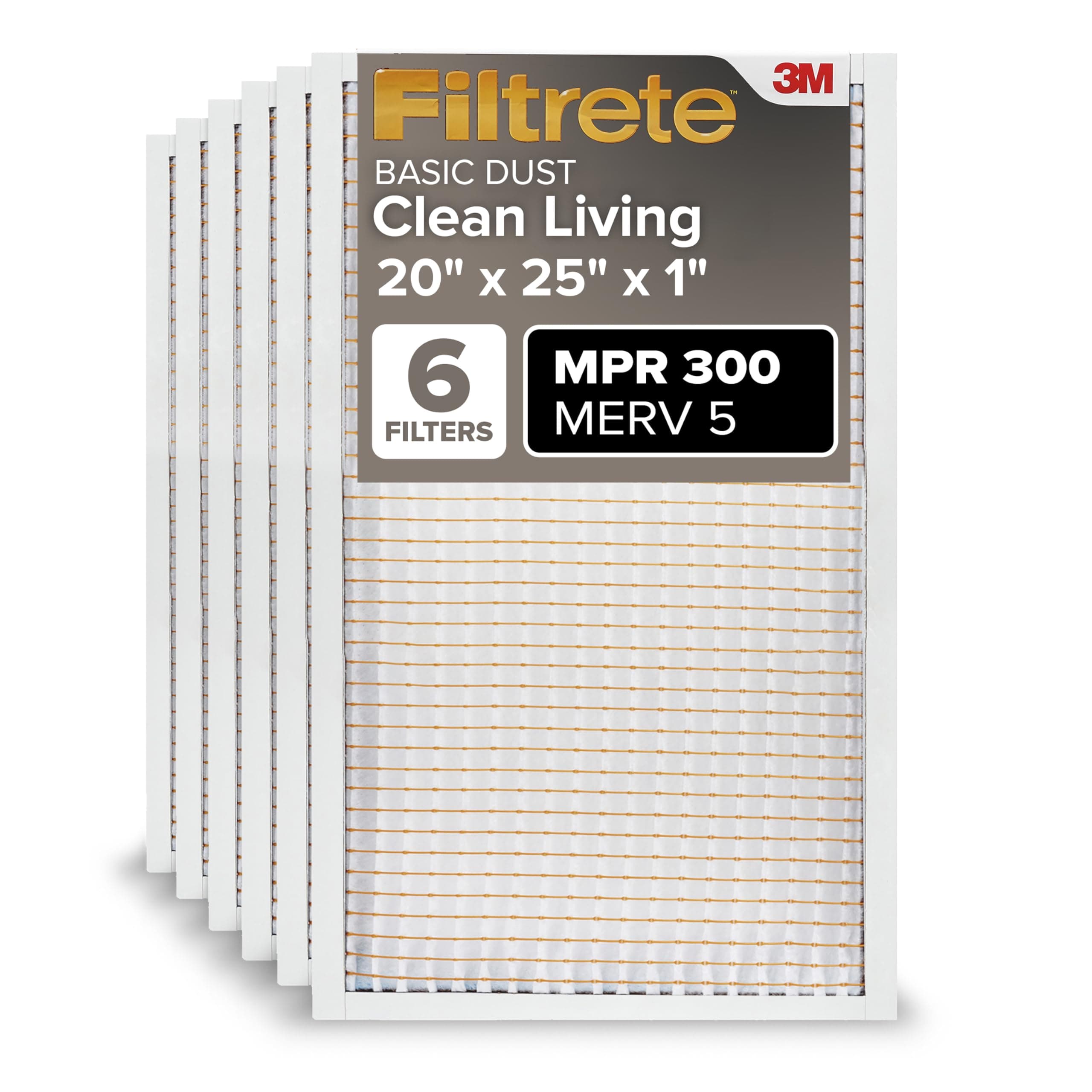 Filtrete 20x25x1 AC Furnace Air Filter, MERV 5, MPR 300, Capture Unwanted Particles, 3-Month Pleated 1-Inch Electrostatic Air Cleaning Filter, 6-Pack (Actual Size 19.69x24.69x0.81 in)