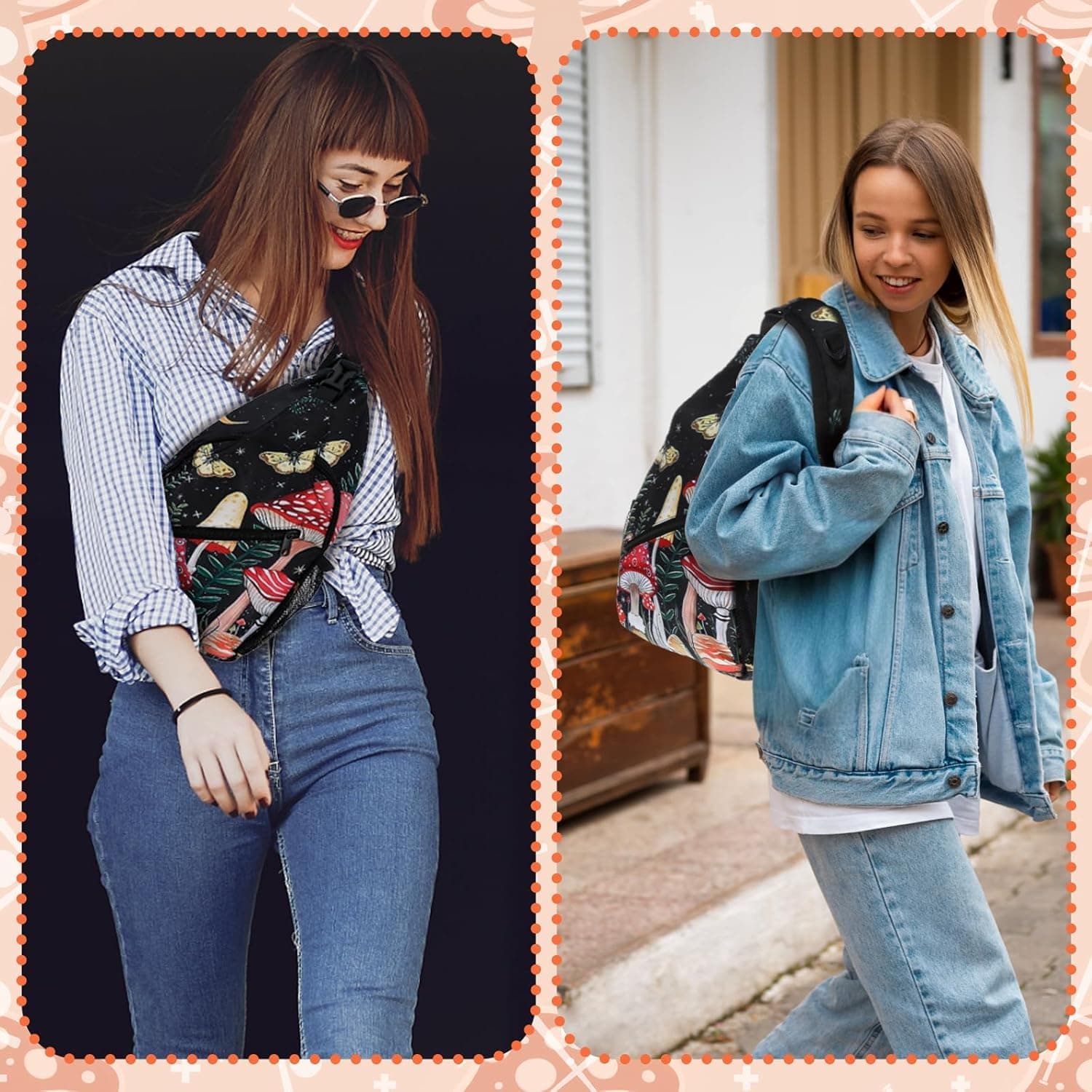 cobee 3 Pcs Mushroom Sling Backpack Set, Adjustable Crossbody Shoulder Bag Multi-pocket Chest Bag with Mushroom Purse Keychain for Men Women, Travel, Hiking, Casual Sport, Climbing, Runners - Image 3