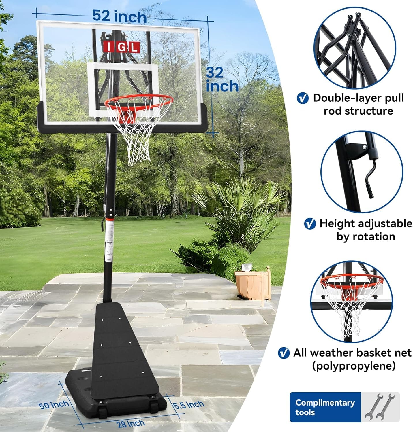 IGL Basketball Hoop Outdoor with 52 Inch Shatterproof Backboard, 10FT Height Portable Basketball Hoop Outdoor, Adjustable Basketball Goal System Black - Image 3