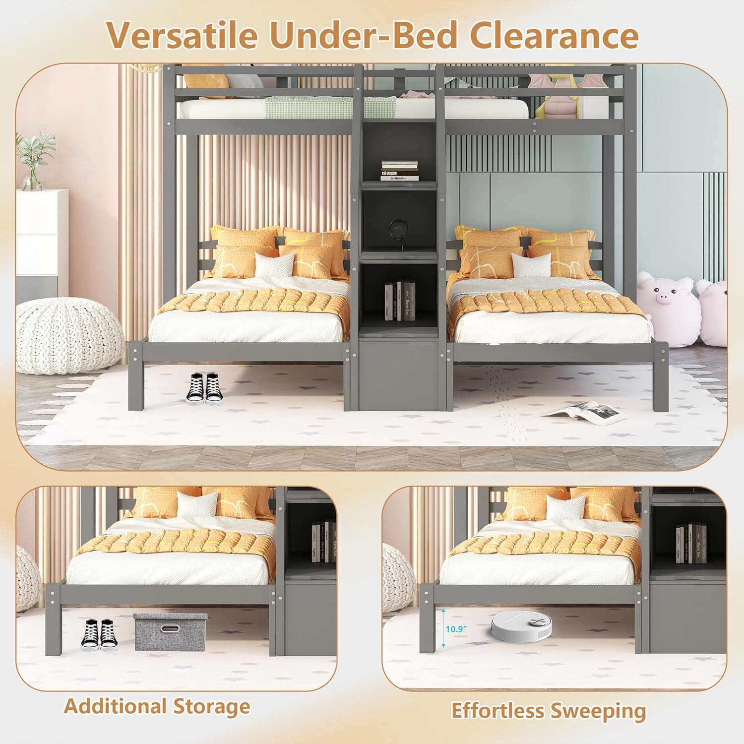 Bellemave Triple Bunk Bed Twin Over Twin Over Twin with Stairscase and Drawers for Storage, Wood Bunk Beds Frame for 3, Saving Spcae, Gray - Image 7