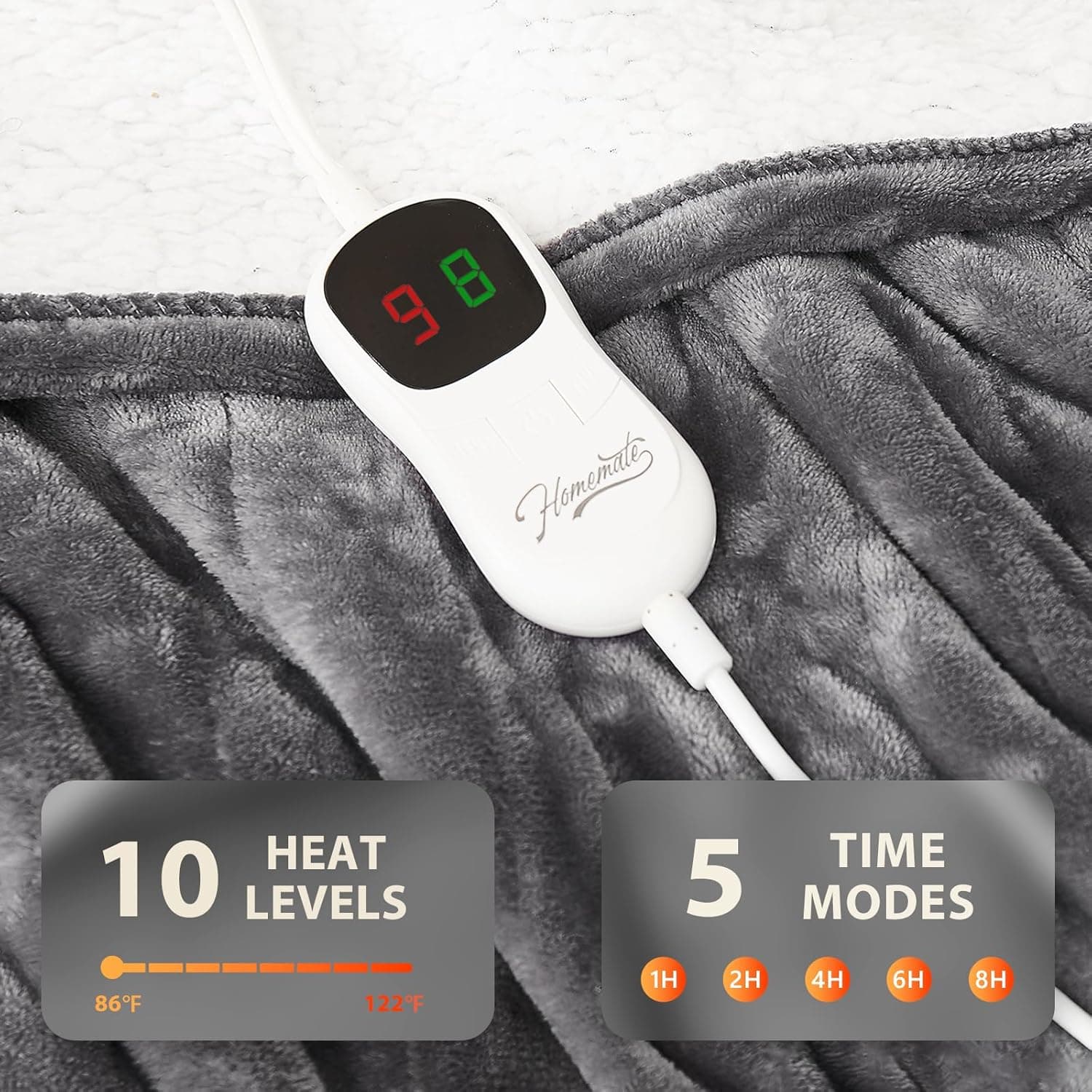 Homemate Electric Heated Blanket Twin - 62"x84" Heating Bed Blankets Throw with 10 Heating Levels 8 Hours Auto Off Fast Heating Over-Heated Protection Ultra Soft Warm Flannel ETL Certified Grey Grey Twin 62"x84" - Image 5