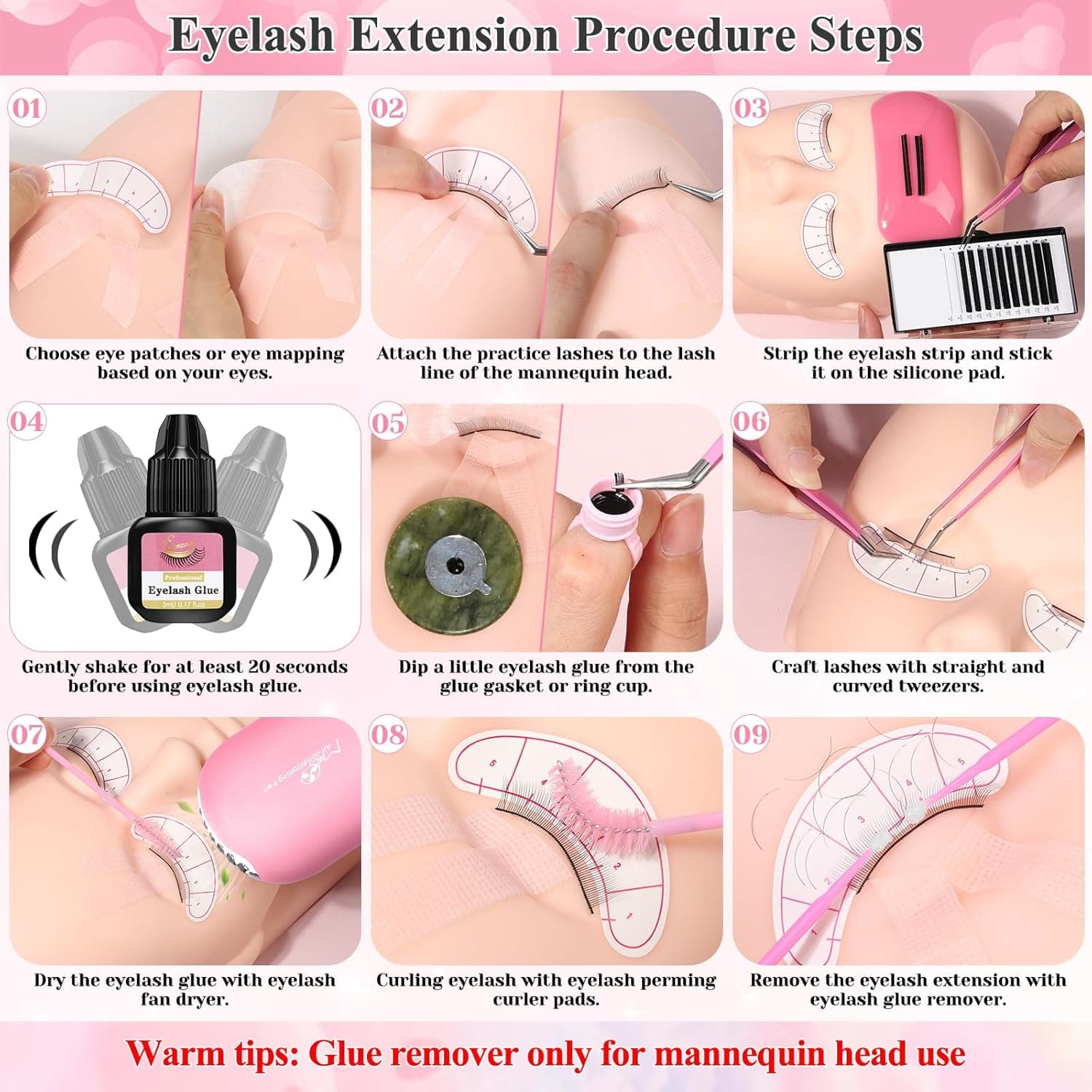 Lashes Kit for Eyelash Extension Beginner Lash Tech Starter Kit with Eye Lash Mannequin Head, Professional Eyelash Extension Kit with Lash Fan, Extension Glue and Eyelash Remover for Practice Training Pink - Image 8