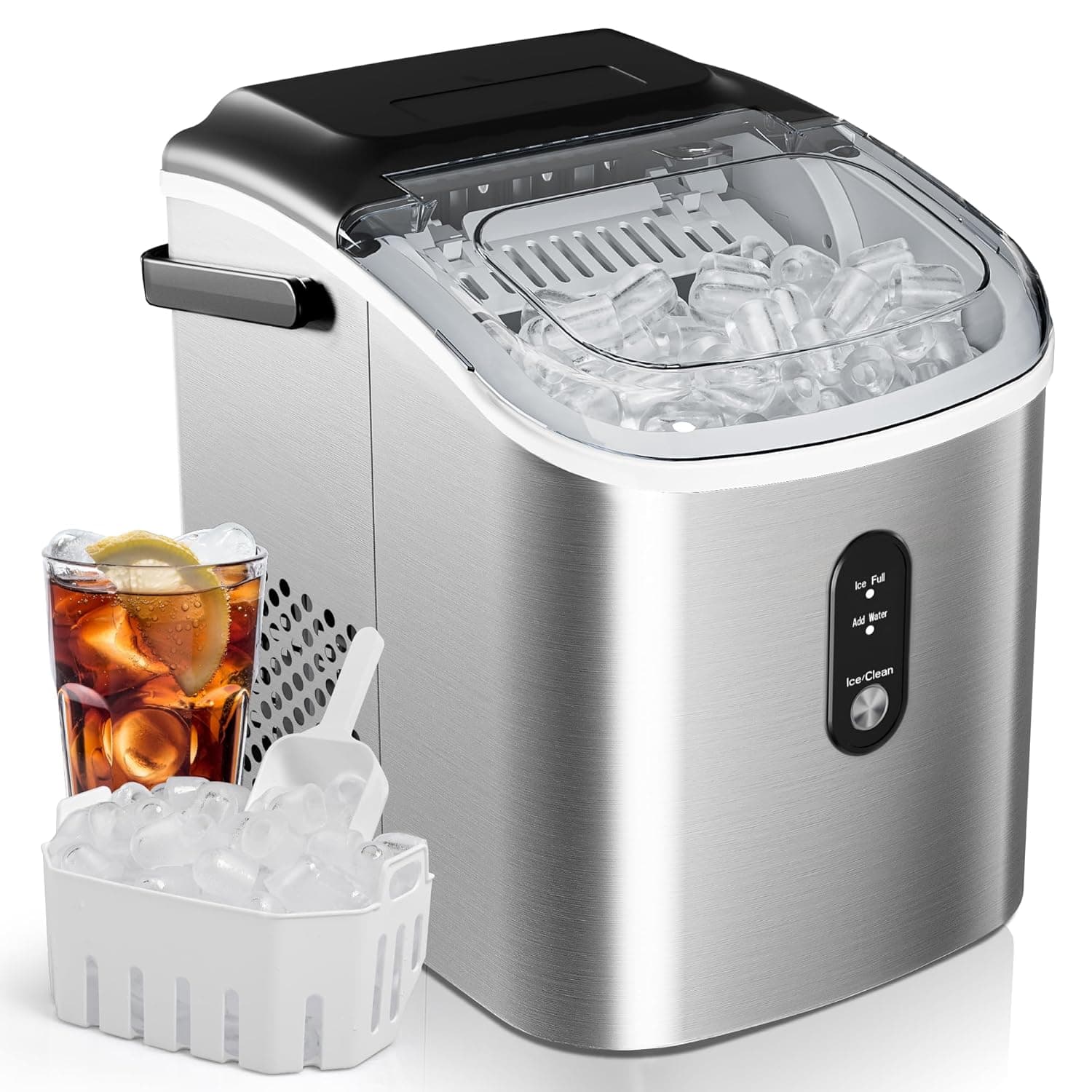 EUHOMY Ice Maker Countertop, Portable Ice Machine with Carry Handle, 26.5lbs Per Day, 9 Cubes in 6 Mins, Auto-Cleaning, with Basket and Scoop, for Home, Kitchen, Camping, RV (Silver) Stainless Steel Silver 26.5lbs/day - Image 2