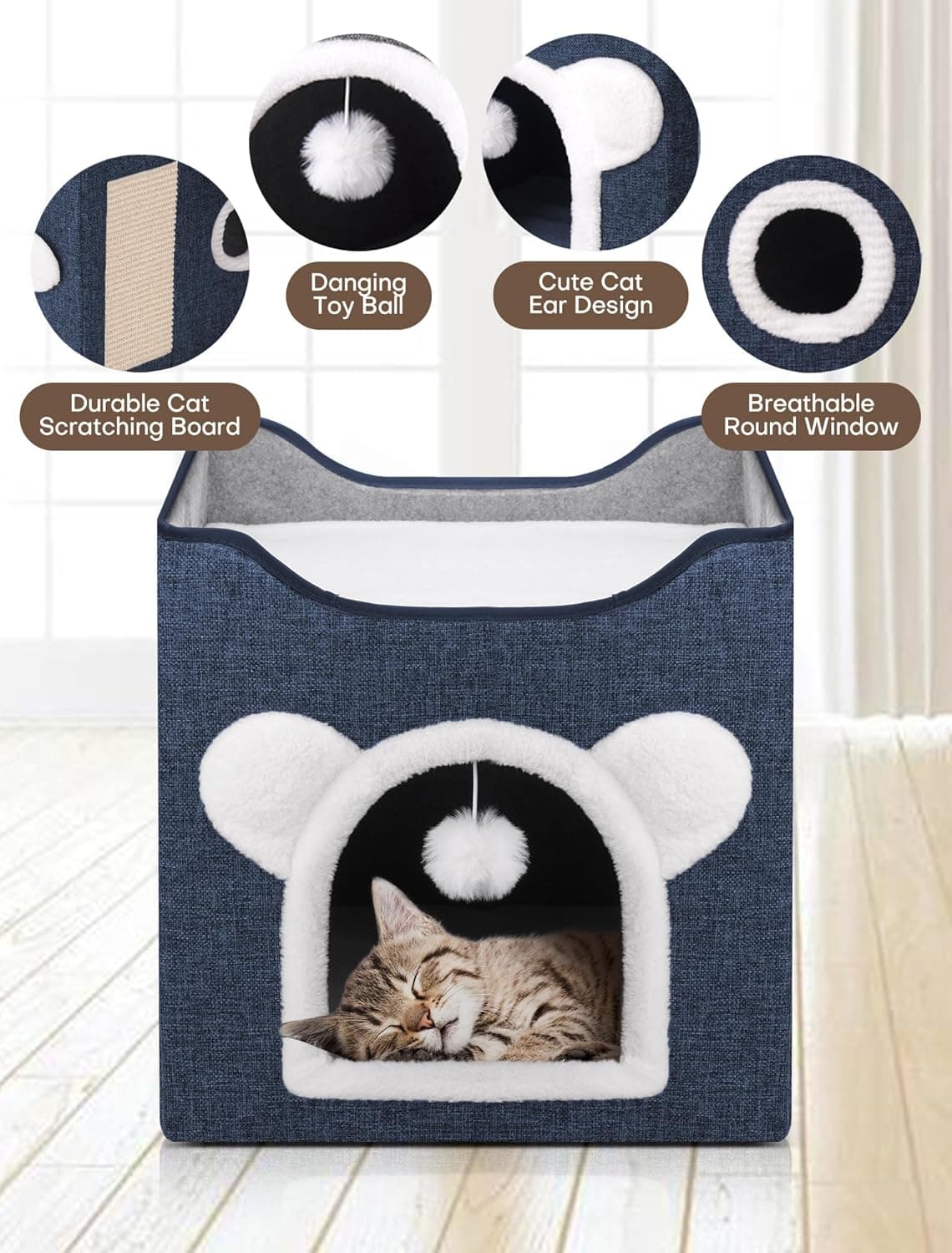 Cat Houses for Indoor Cats, Large Cat Cave with Fluffy Ball and Scratch Pad, Covered Cat Bed House, Foldable Cat Hideaway Deepblue - Image 6