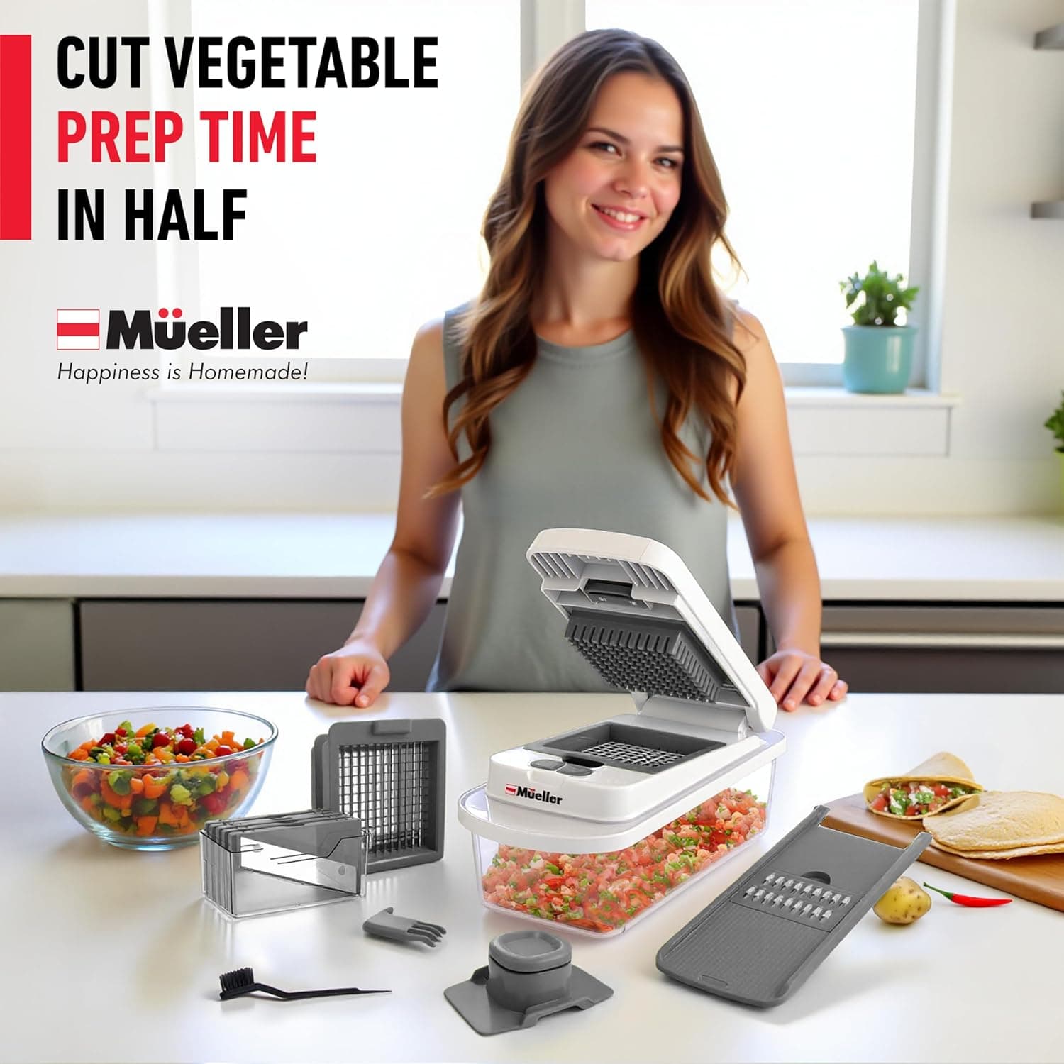 Mueller The Real Original Pro Chopper since 2013 Vegetable Chopper Mandoline Slicer, 8 Blade Food Veggie Chopper Onion Vegetable Cutter with Container, Kitchen Gadgets & Essentials, (10 in 1) 8 Blade White Sand/Gray - Image 9