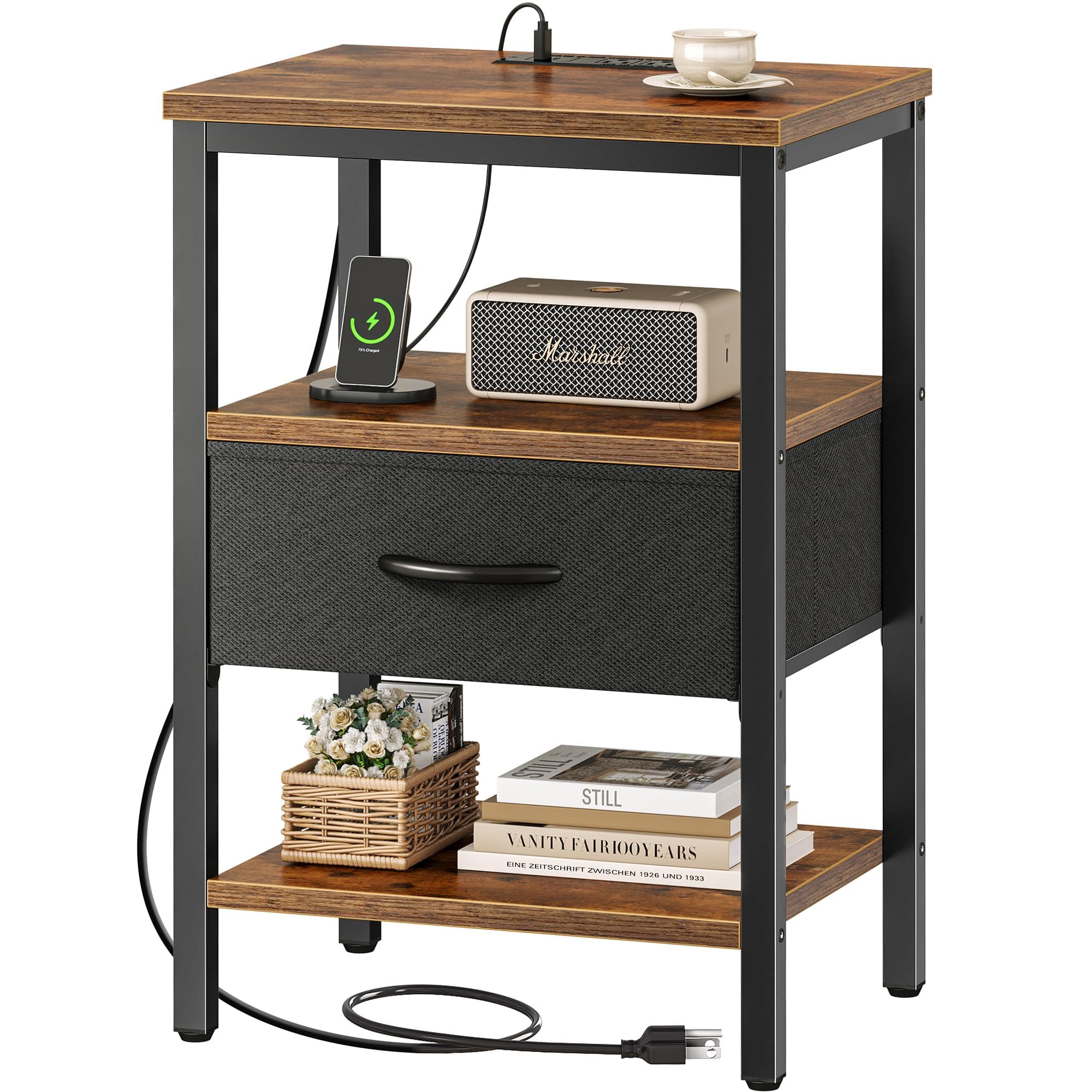 SUPERJARE Nightstand with Charging Station, Bed Side Table with Adjustable Fabric Drawer, Night Stand for Bedroom, 3-Tier Storage End Table, for Living Room, Rustic Brown and Black M (11.8"D x 15.7"W x 23.4"H) Rustic Brown and Black 1