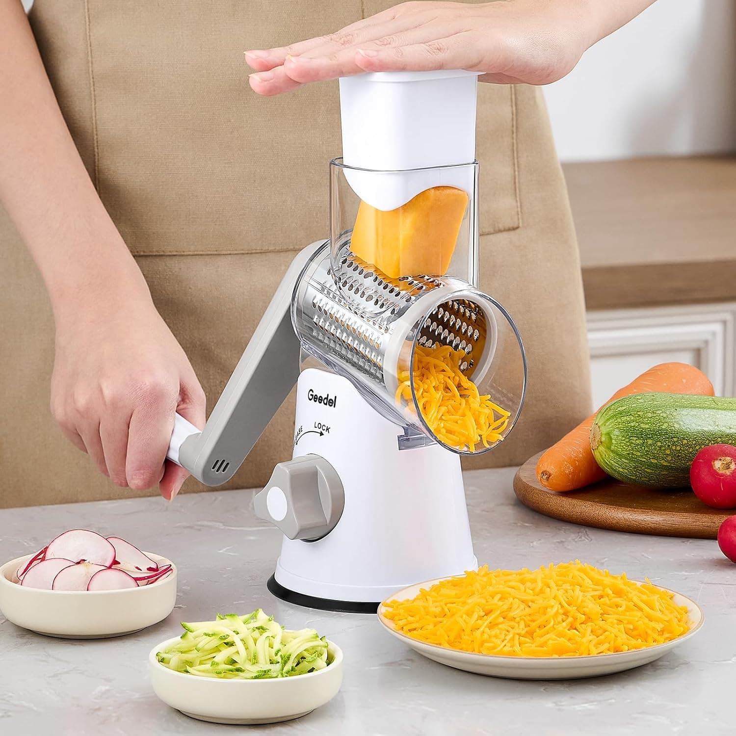 Geedel Rotary Cheese Grater, Kitchen Mandoline Vegetable Slicer with 3 Interchangeable Blades, Easy to Clean Rotary Grater Slicer for Fruit, Vegetables, Nuts 3 Blades White - Image 9