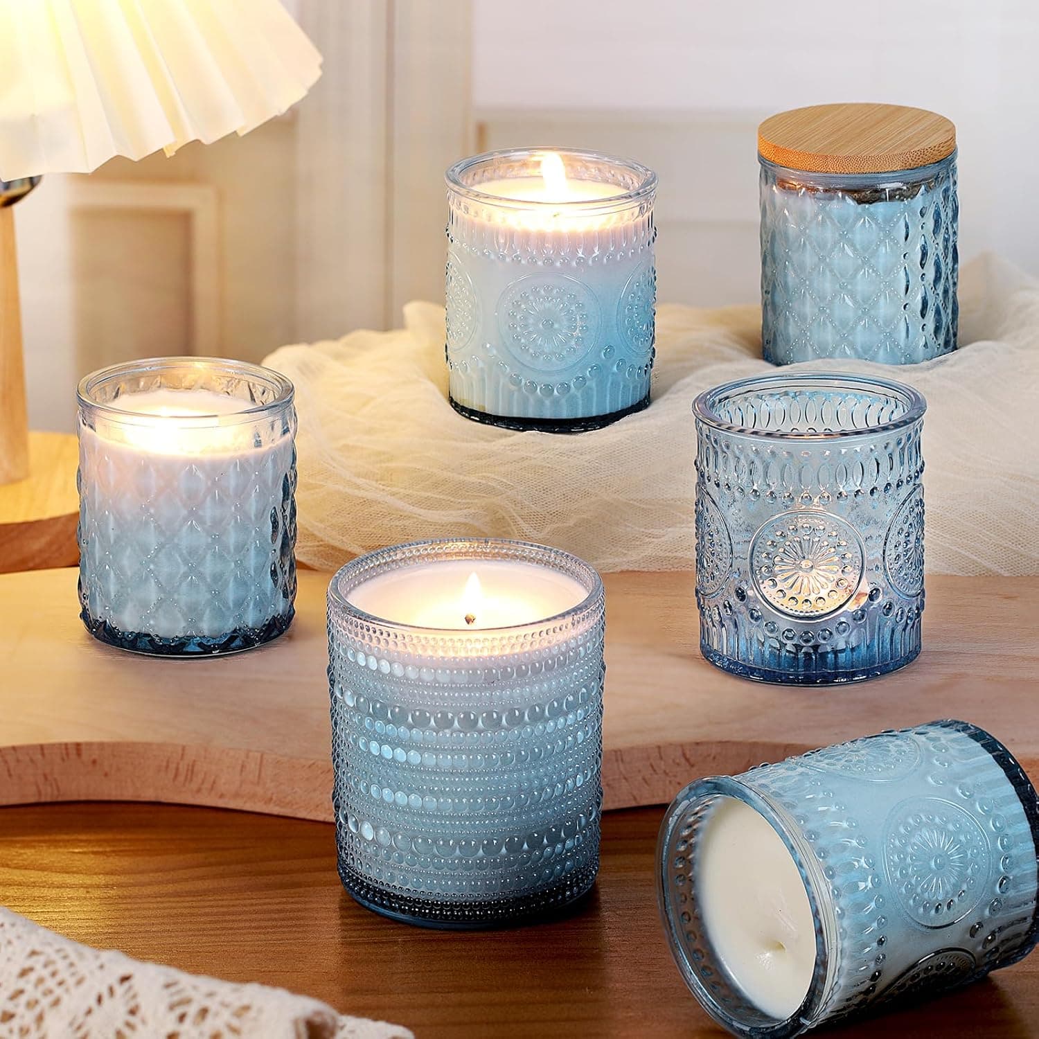 DARJEN 12 Pack Blue Candle Jars for Making Candles- 3 Styles Glass Candle Making Jars Bulk with Bamboo Lids and Labels, Candle Making Supplies Candle Vessels for DIY Gifts - Image 5