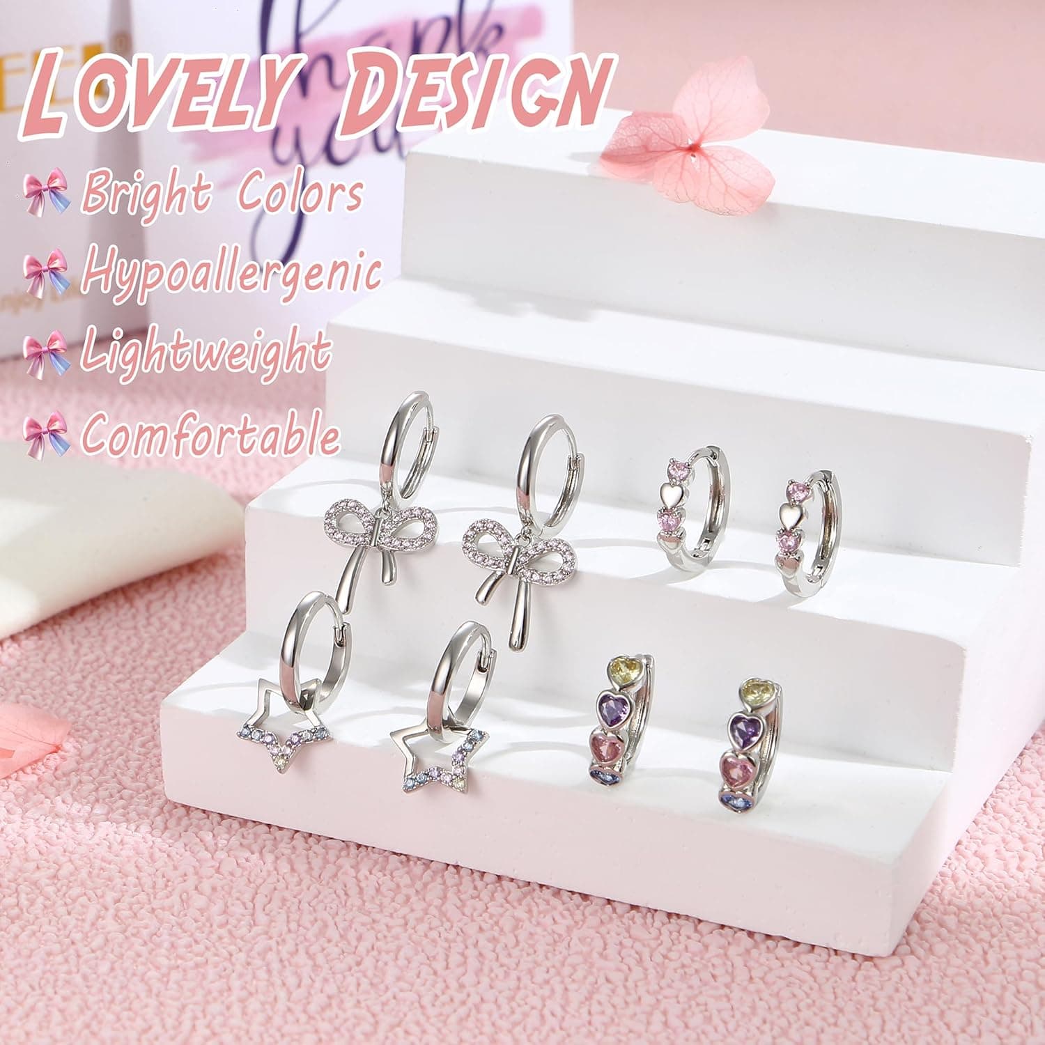 BESTEEL 4 Pairs Hypoallergenic Huggie Hoop Earrings for Girls Women Silver Plated Small Dangle Hoop Earrings Bow Earrings Tiny Cute CZ Heart Butterfly Earrings Set Pink Colorful Star Earrings for Sensitive Ears(over 3 years old) Heart star bow set - Image 4