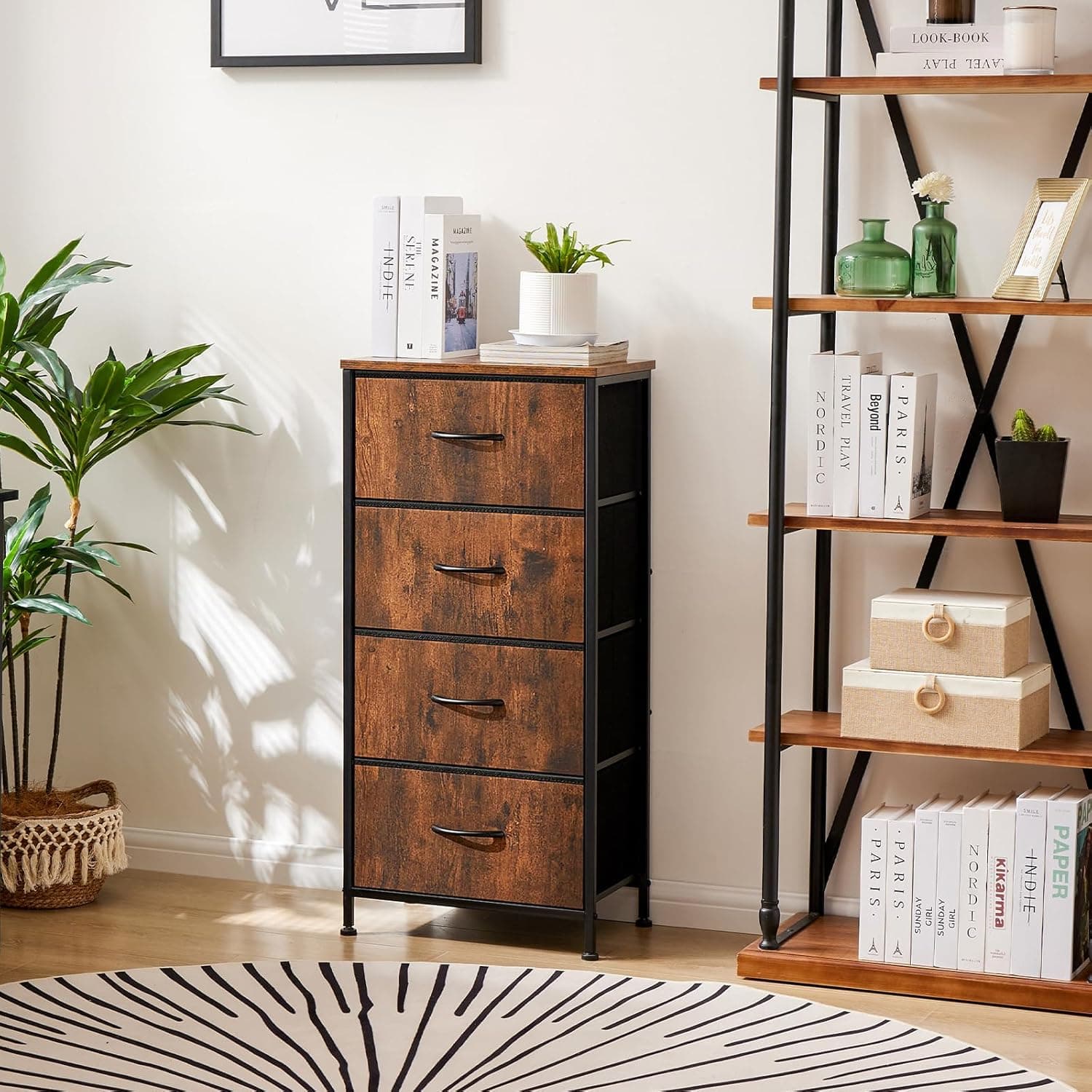 Sweetcrispy 4 Drawer Dresser, Fabric Storage Tower Organizer with Sturdy Steel Frame and Wood Top, Easy Pull Handles, for Bedroom, Closet, Entryway, Hallway, Brown Brown 17.7"D x 11.8"W x 37"H (4 Drawers) - Image 3