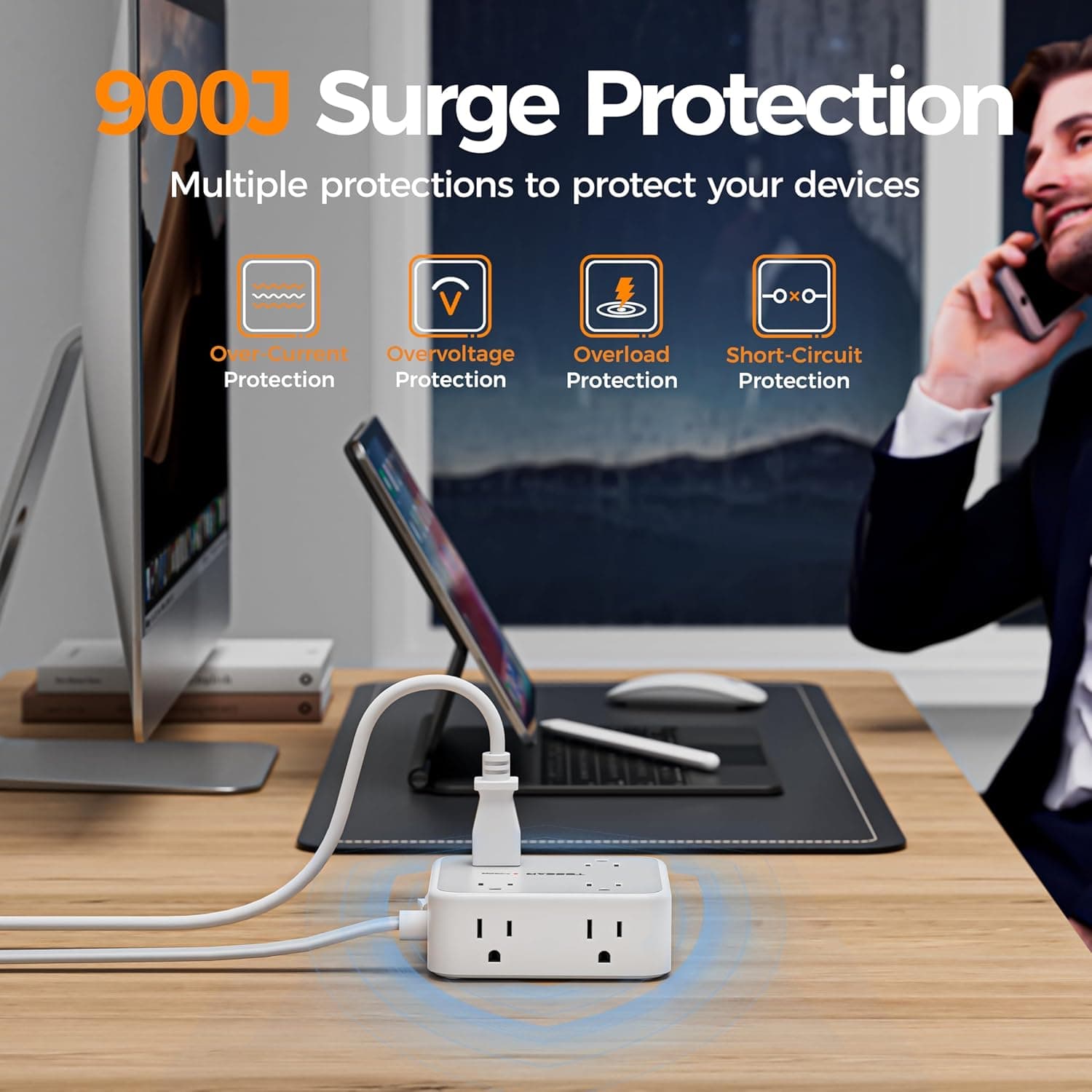TESSAN Surge Protector Power Strip, 5 Ft Flat Plug Extension Cord with 3 USB (1 USB C) 8 Outlets, 1250W, 900J Protection, 3 Sided Outlet Extender with Power Switch for Office, Dorm Room Essentials 5 Feet Grey - Image 6