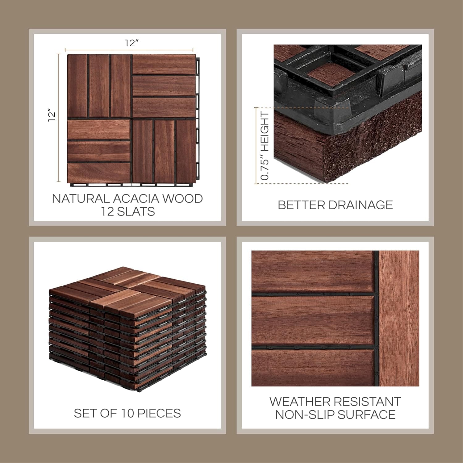 10 Pcs Deck Tiles, Patio Flooring - Outdoor Waterproof Acacia Wood Tiles for All Weather Use - Balcony, Backyard, Indoor & Outdoor (Dark Brown Crossed Pattern, 10 Square Ft) Dark Brown Crossed Pattern 10 Pcs - 10 Square Ft - Image 3