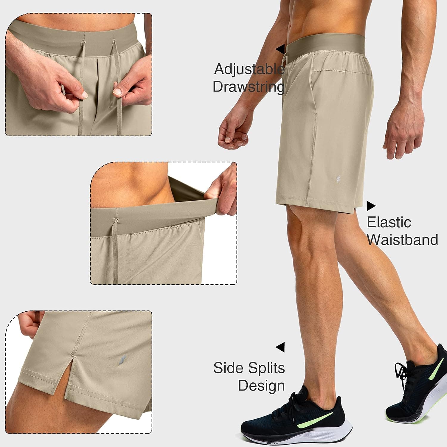 Men's Running Shorts with Zipper Pockets 9 Inch/ 7 Inch / 5 Inch Lightweight Quick Dry Gym Workout Athletic Shorts for Men 7 Inseam Large D-khaki - Image 5
