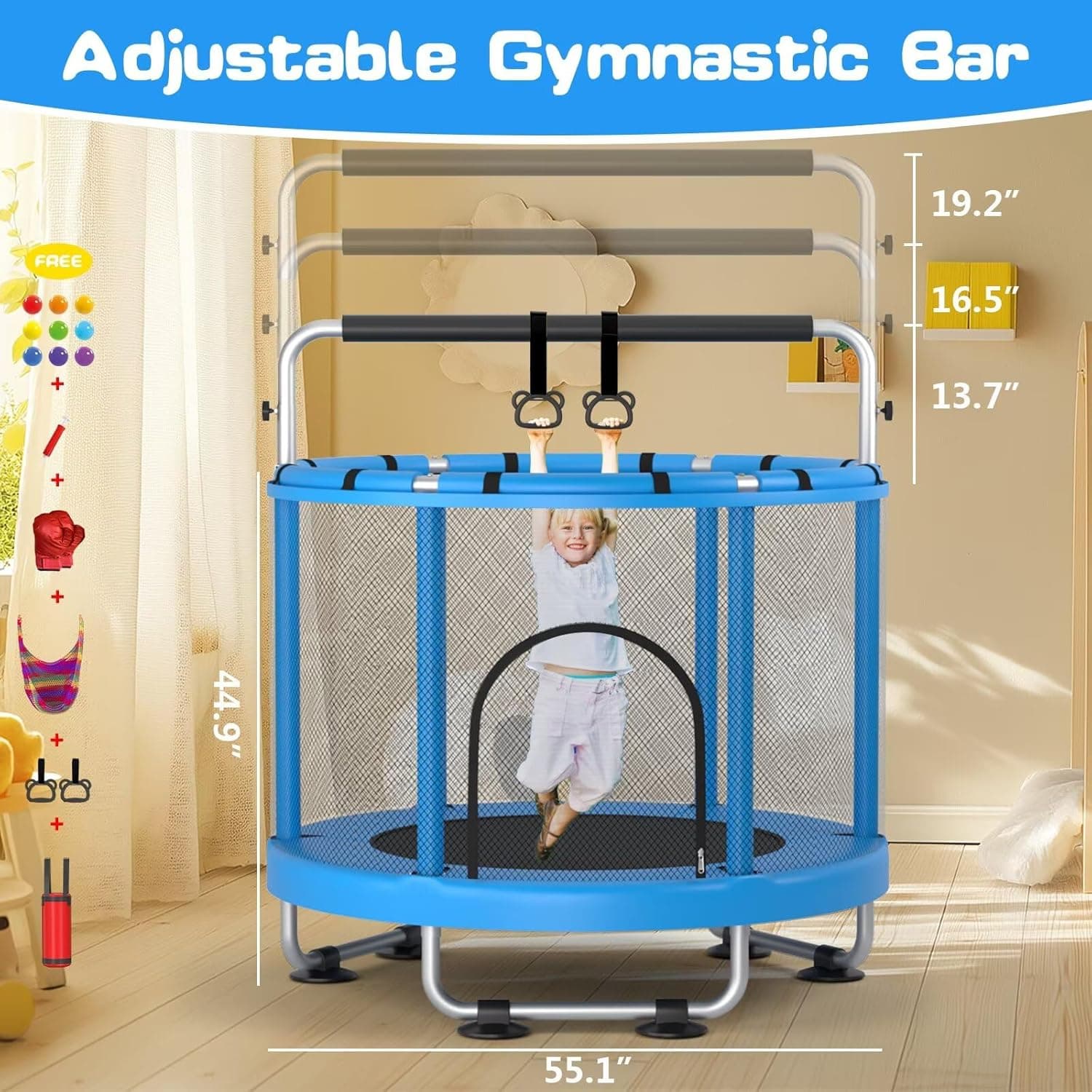 55" Trampoline for Kids with Enclosure, 440lbs Capacity Indoor & Outdoor Toddler Trampoline with Adjustable Gymnastics Bar & Toys, for Boys & Girls Blue - Image 5