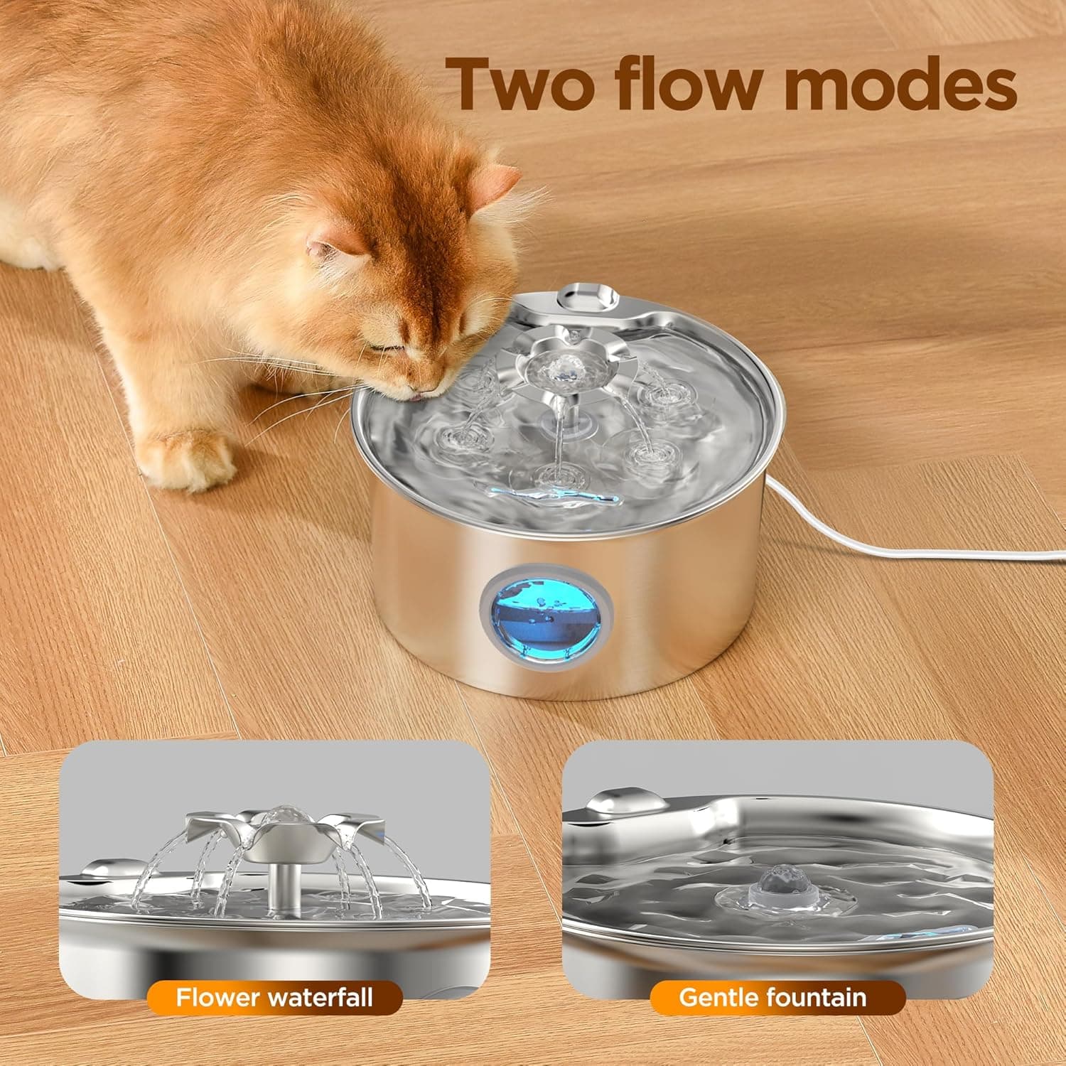 Stainless Steel Cat Water Fountain: 88oz/2.6L Ultra Quiet Pet Fountain with Flower Kitty Spout & LED Blue Light Water Dispenser with Water Level Window for Cats/Dogs Indoor (Silver) - IHOUONE cat Fountain + 1 Filters & 1 Sponges - Image 4