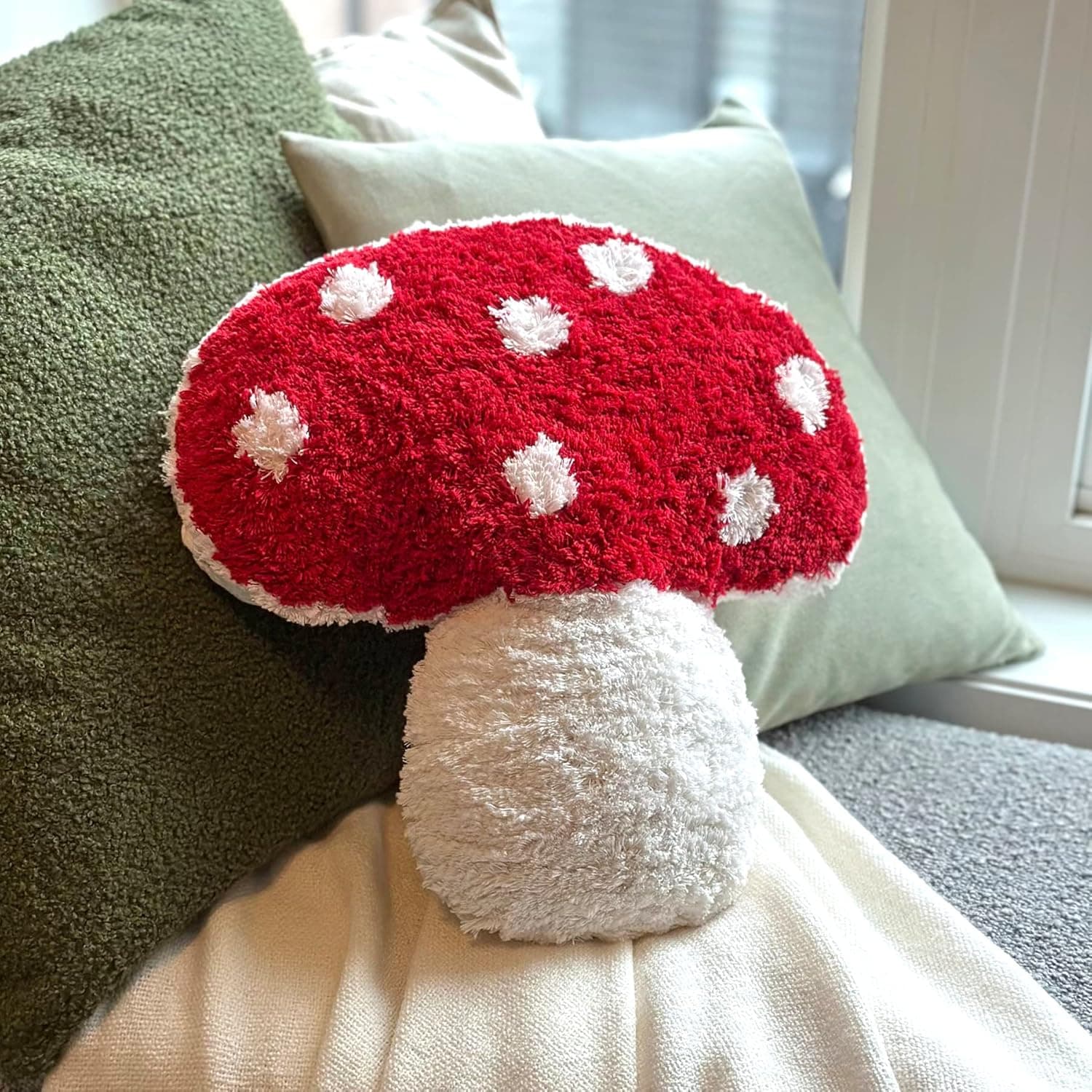 Mushroom Throw Pillow Tufted Shape Decorative Cushion 15” x 15” – Decor for Bed, Couch, Living Room (Red) - Image 3