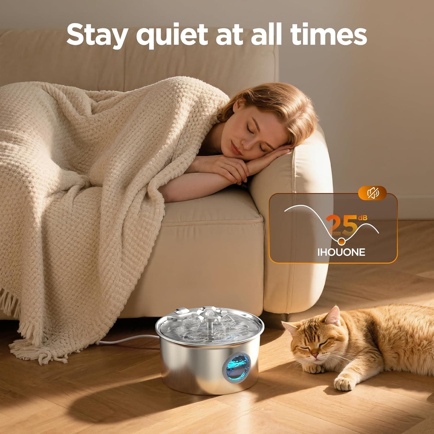 Stainless Steel Cat Water Fountain: 88oz/2.6L Ultra Quiet Pet Fountain with Flower Kitty Spout & LED Blue Light Water Dispenser with Water Level Window for Cats/Dogs Indoor (Silver) - IHOUONE cat Fountain + 1 Filters & 1 Sponges - Image 6