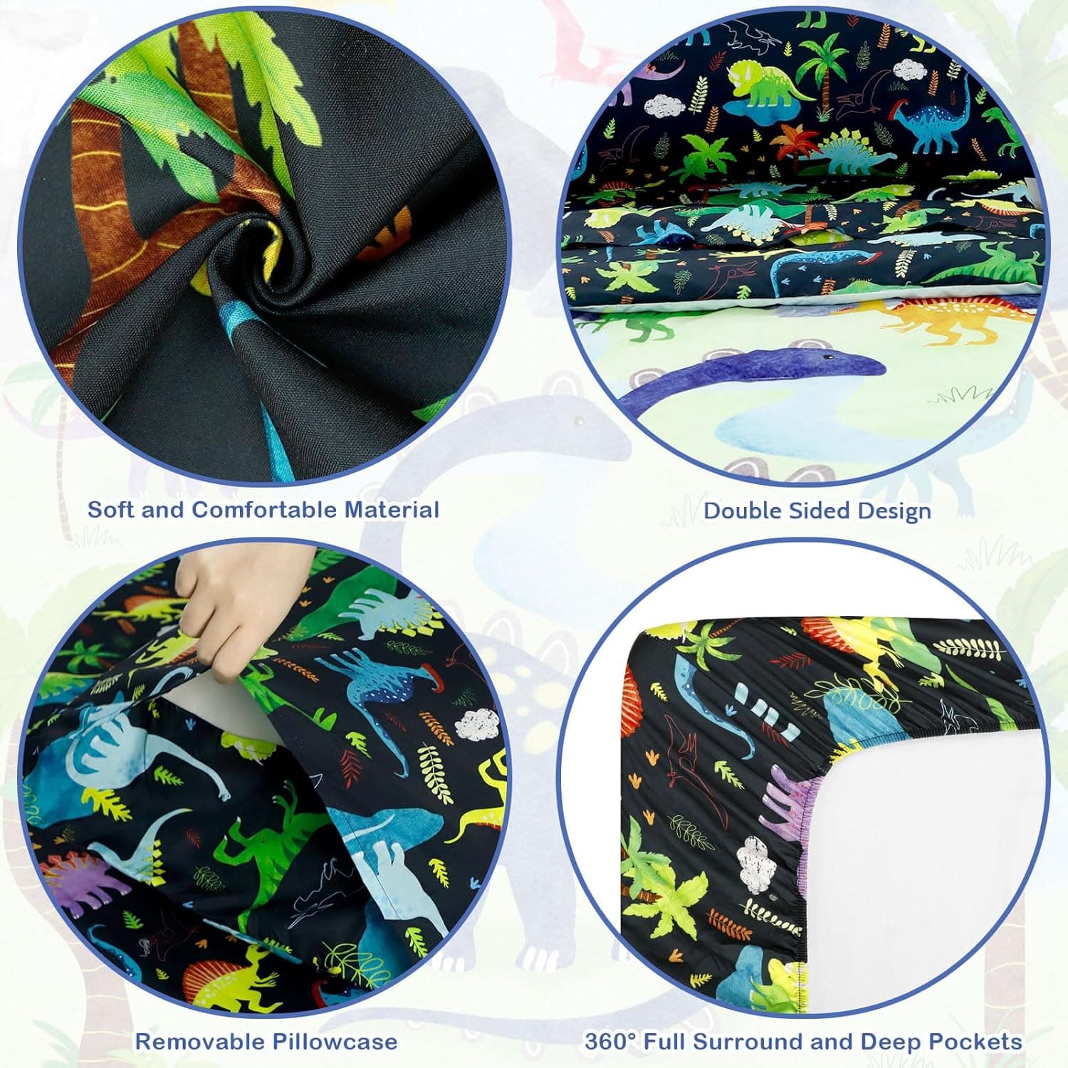 4 Piece Toddler Bedding Set, Ultra Soft and Breathable Cartoon Dinosaur Toddler Comforter Sets for Boys Includes Quilted Comforter, Fitted Sheet, Flat Sheet and Pillowcase - Image 4