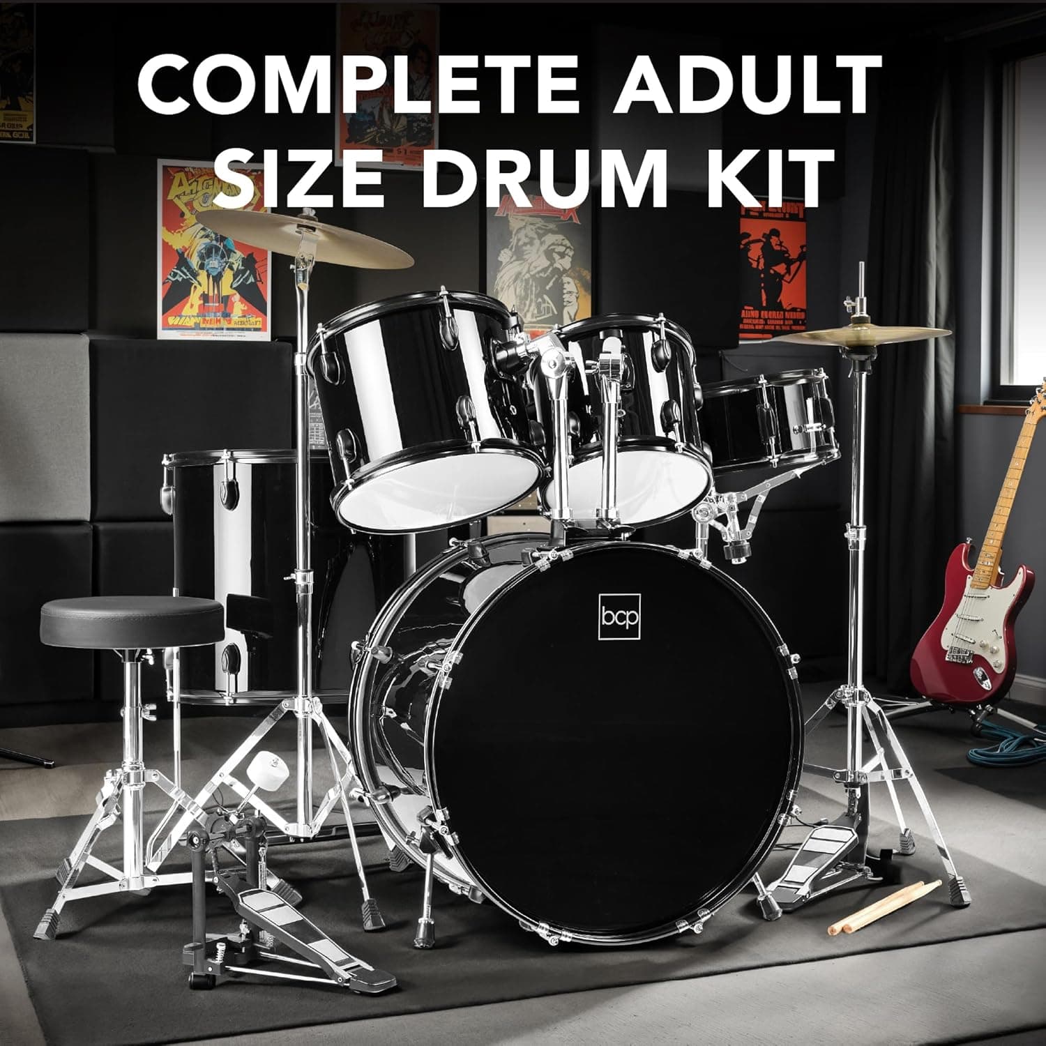 Best Choice Products 5-Piece Full Size Complete Adult Drum Set w/Cymbal Stands, Stool, Drum Pedal, Sticks, Floor Tom - Black - Image 4