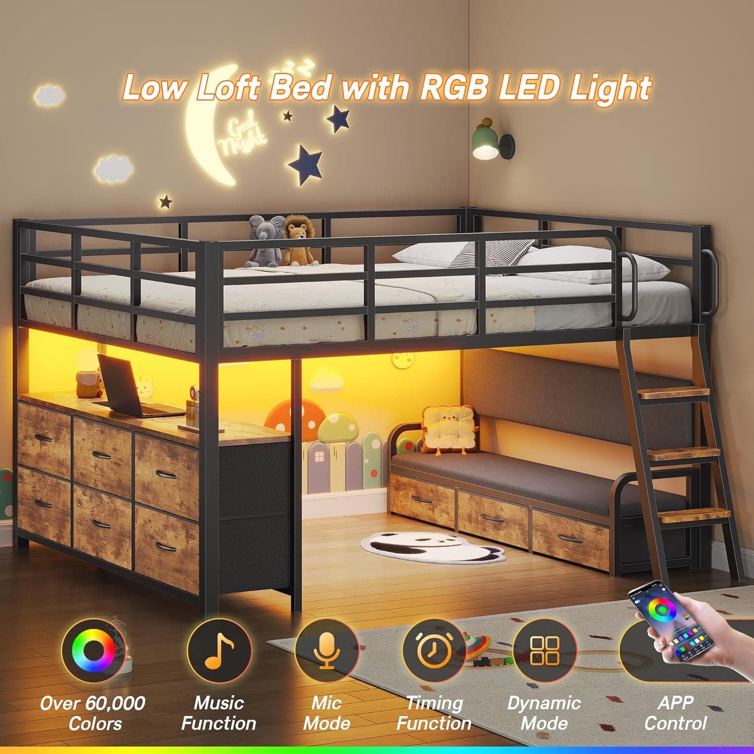 Cama de tamaño completo con escritorio, marco de cama de tamaño completo con 9 cajones de almacenamiento, cama loft para niños con barandilla de seguridad de 15.8" H, sofá, luces LED y estación de carga, sin necesidad de somier, marrón rústico - Image 6