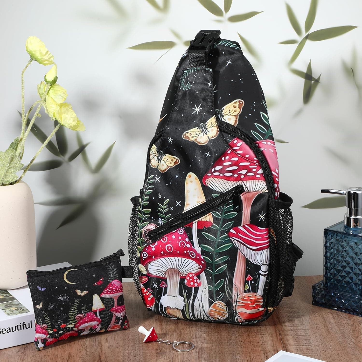 cobee 3 Pcs Mushroom Sling Backpack Set, Adjustable Crossbody Shoulder Bag Multi-pocket Chest Bag with Mushroom Purse Keychain for Men Women, Travel, Hiking, Casual Sport, Climbing, Runners - Image 8