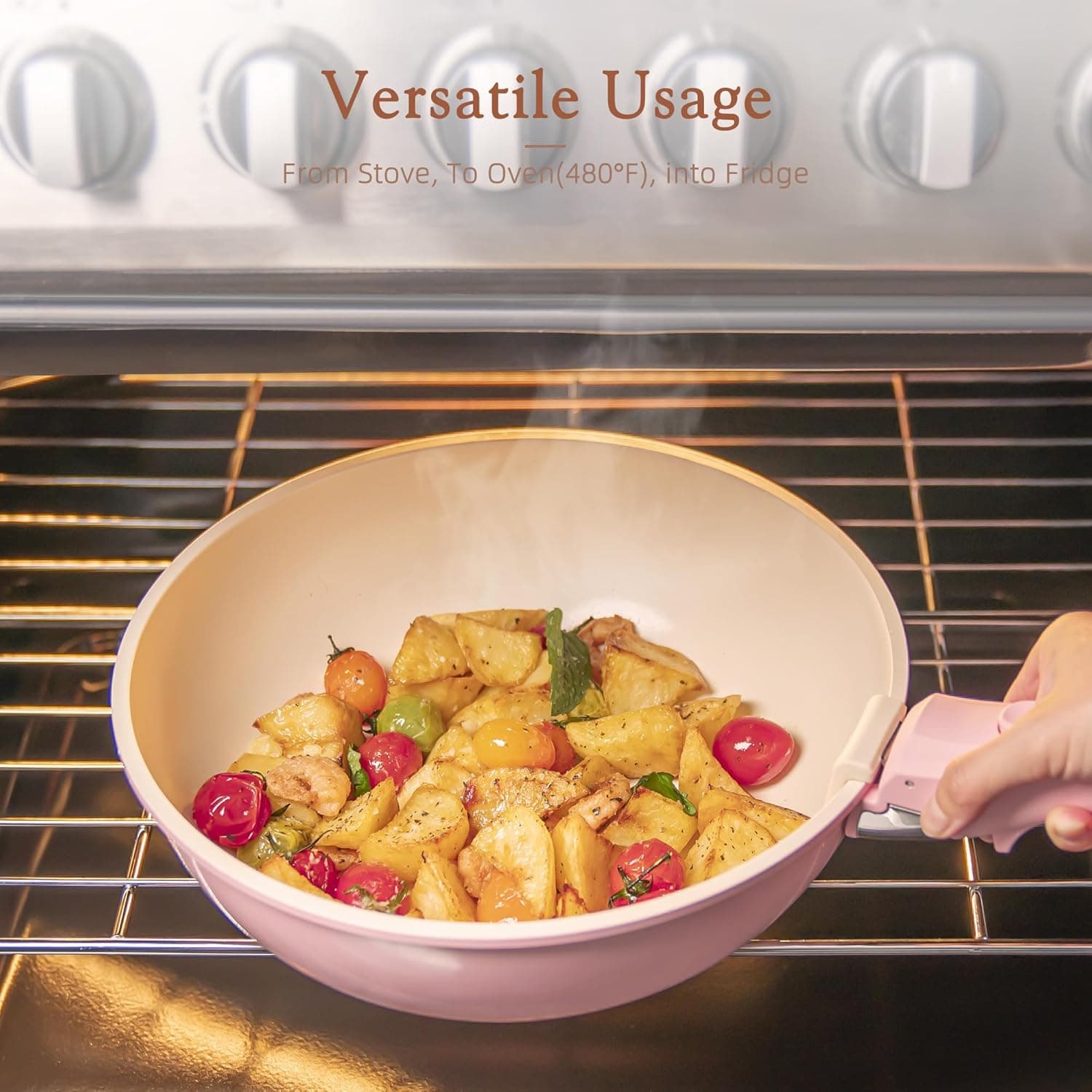 Astercook 21 Pcs Pots and Pans Non Stick Ceramic Cookware Set, Detachable Handles, RV Kitchen Cooking Set, Oven Safe, Induction Ready, Stackable, Pink - Image 6