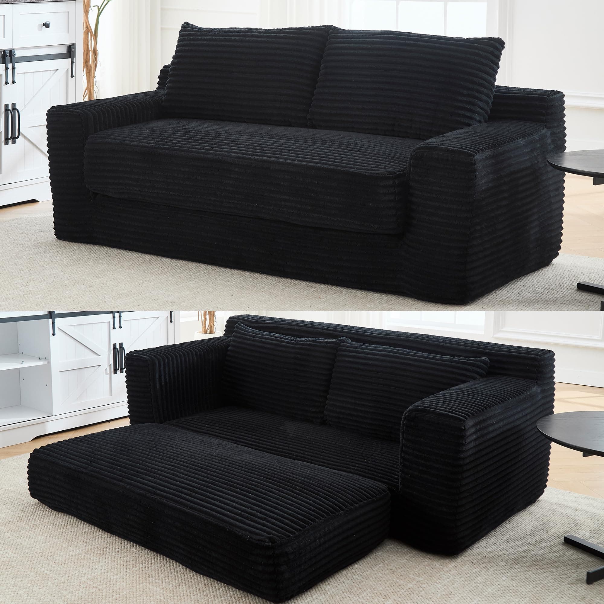 GNIXUU 71" Corduroy Cloud Loveseat Sofa, 2 in 1 Convertible Black Boneless Sleeper Sofa with Fixed-Shape Frame, Comfy Folding Love Seat Couches for Living Room, Apartment, Small Spaces
