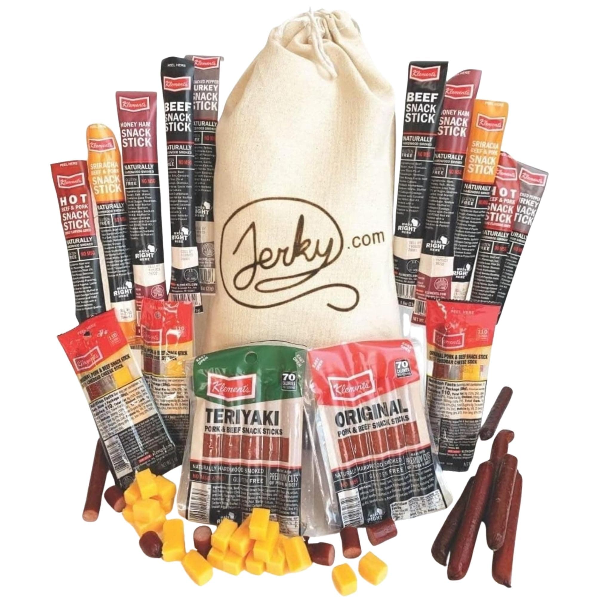 Jerky.com Paquete Variado de 26 Palitos de Carne | Snack Saludable para Adultos | Bajo en Azúcar y Alto en Proteínas | Palitos de Carne Sin Gluten y Keto | Palitos de Cerdo, Pavo, Jamón, Res y Palitos de Queso | Regalos de San Valentín para Él Bolsa de Regalo de 26 Piezas