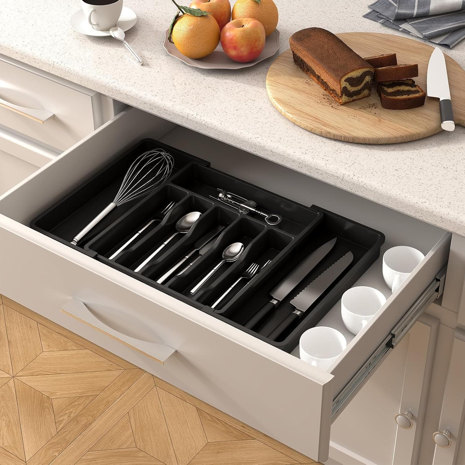 Lifewit Large Silverware Drawer Organizer, Expandable Utensil Tray for Kitchen, BPA Free Flatware and Cutlery Holder, Adjustable Plastic Storage for Spoons Forks Knives, Large, Black Black XL(13-22''W x 15"D) - Image 9
