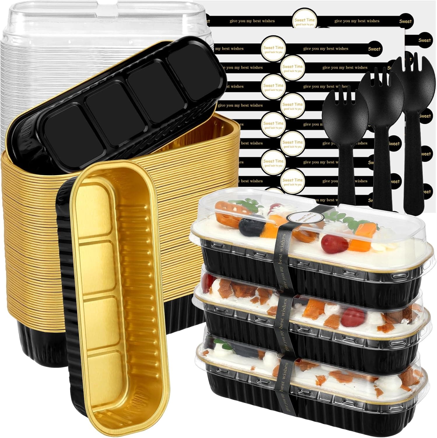 Mini Loaf Pans with Lids and Spoons (100 Pack, Black-gold, 6.8oz) Rectangular Aluminum Foil Baking Pans - Image 2