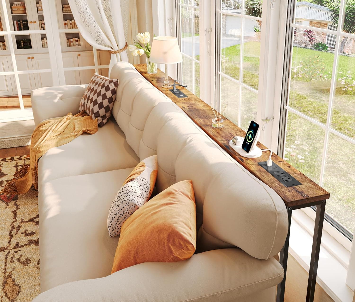 SUPERJARE 78.8 inch Narrow Console Table with Outlet, Sofa Tables, Behind Couch Table, Long Entryway Tables with Charging Station, for Living Room, Rustic Brown Rustic Brown 5.7''D x 78.7''W x 29.7''H - Image 6