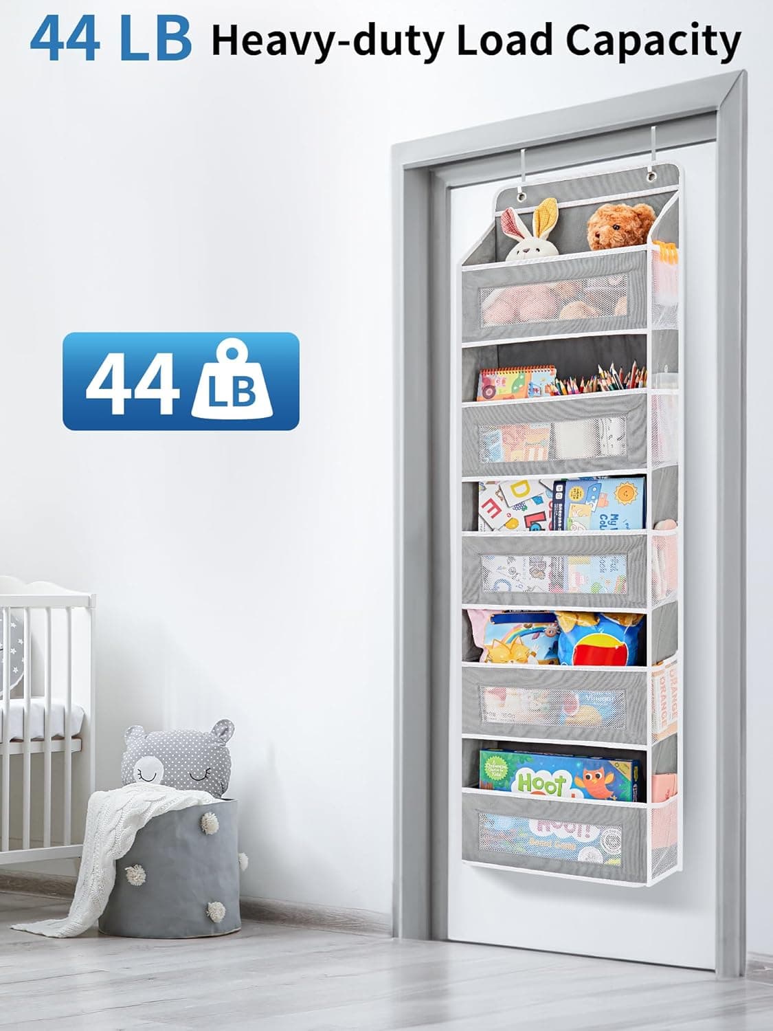 JARLINK Over The Door Organizer Storage, 5 Shelf Hanging Door Organizer with 5 Large Capacity Pockets, Anti Tilt 44 lb Load Behind Door Storage for Bedroom, Bathroom, Pantry, Nursery, (Grey) Grey 1 Pack - Image 7