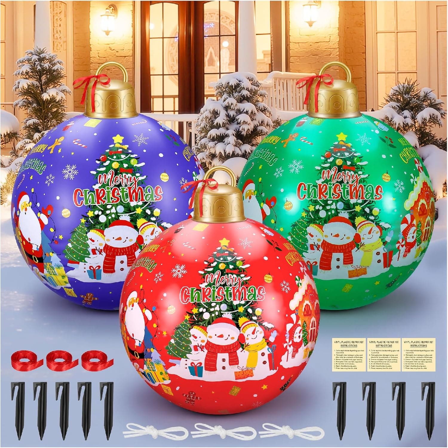 3 Pcs 24 Inch Giant Inflatable Christmas Balls, Large Outdoor Christmas PVC Ornaments, Big Ball Decorations for Yard Outside in Winter Holiday - Image 2